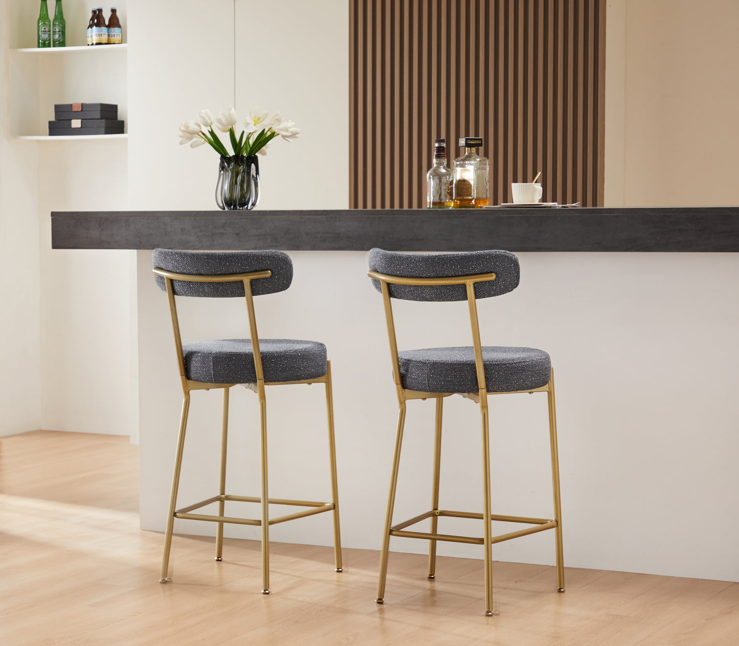 25 Inch Modern Gold Upholstered Sherpa Counter Stools Set of 2 with Backs for Kitchen Island