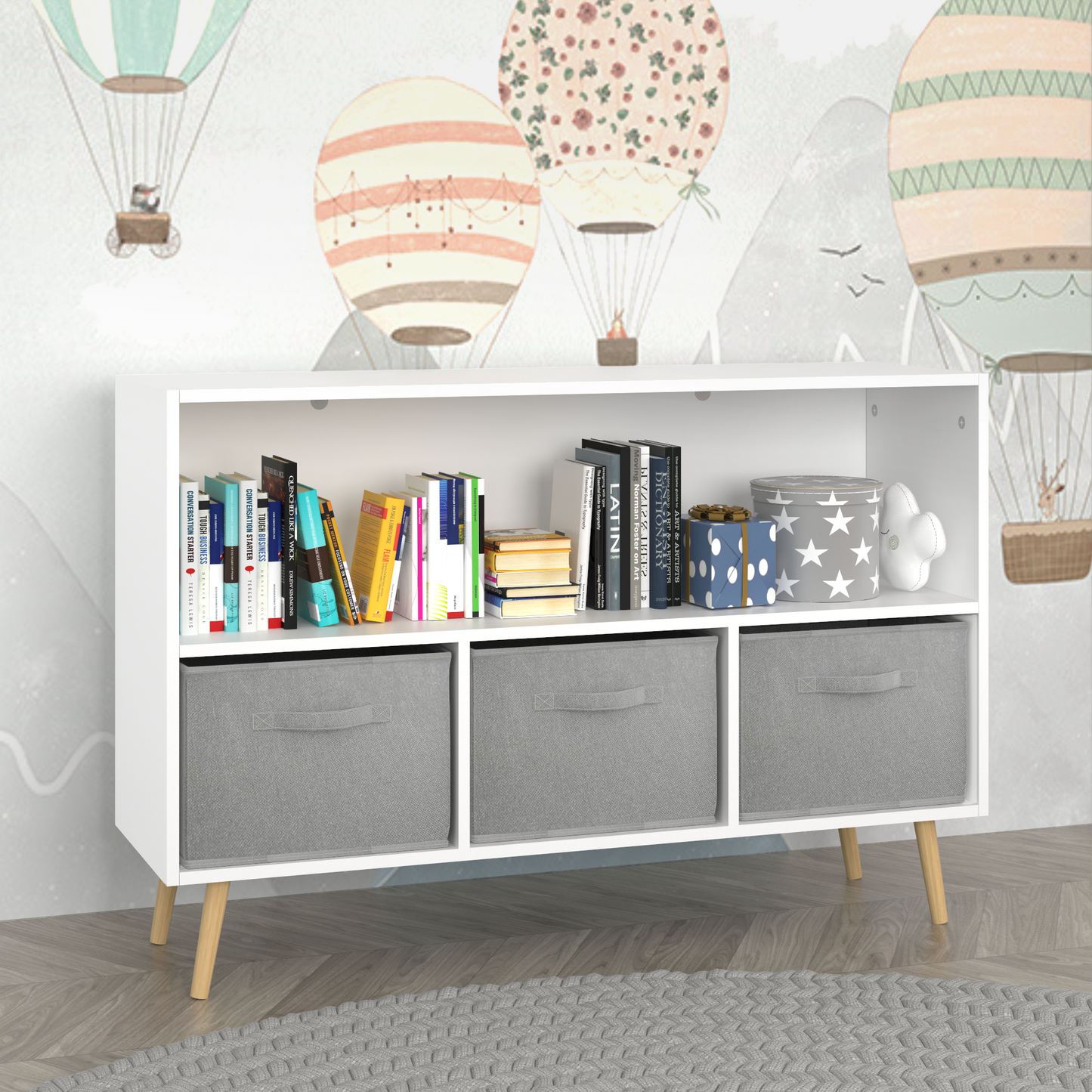 Kids Bookcase with Collapsible Fabric Drawers - Children's Book Display & Toy Storage Organizer, White/Gray, Stylish