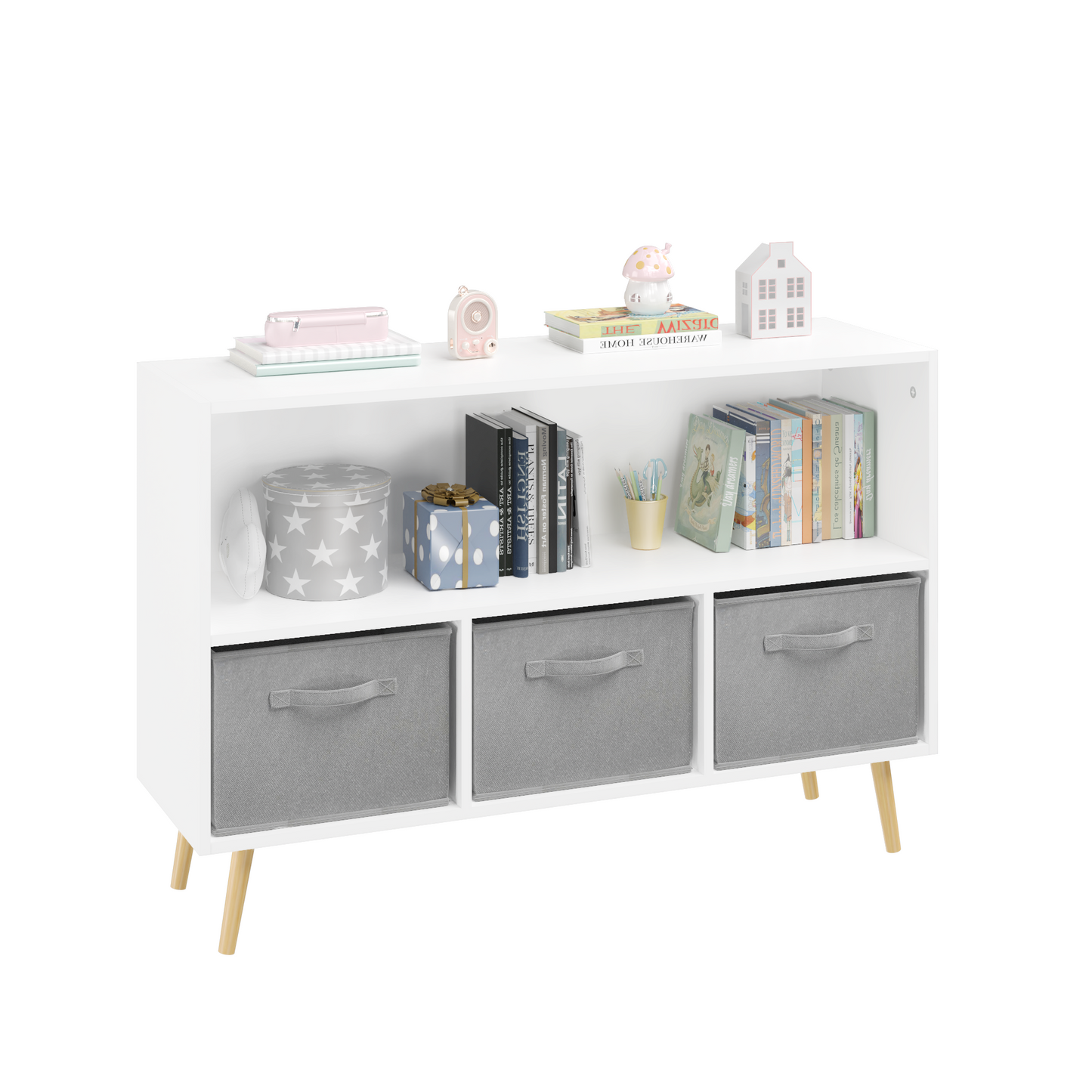 Kids Bookcase with Collapsible Fabric Drawers - Children's Book Display & Toy Storage Organizer, White/Gray, Stylish