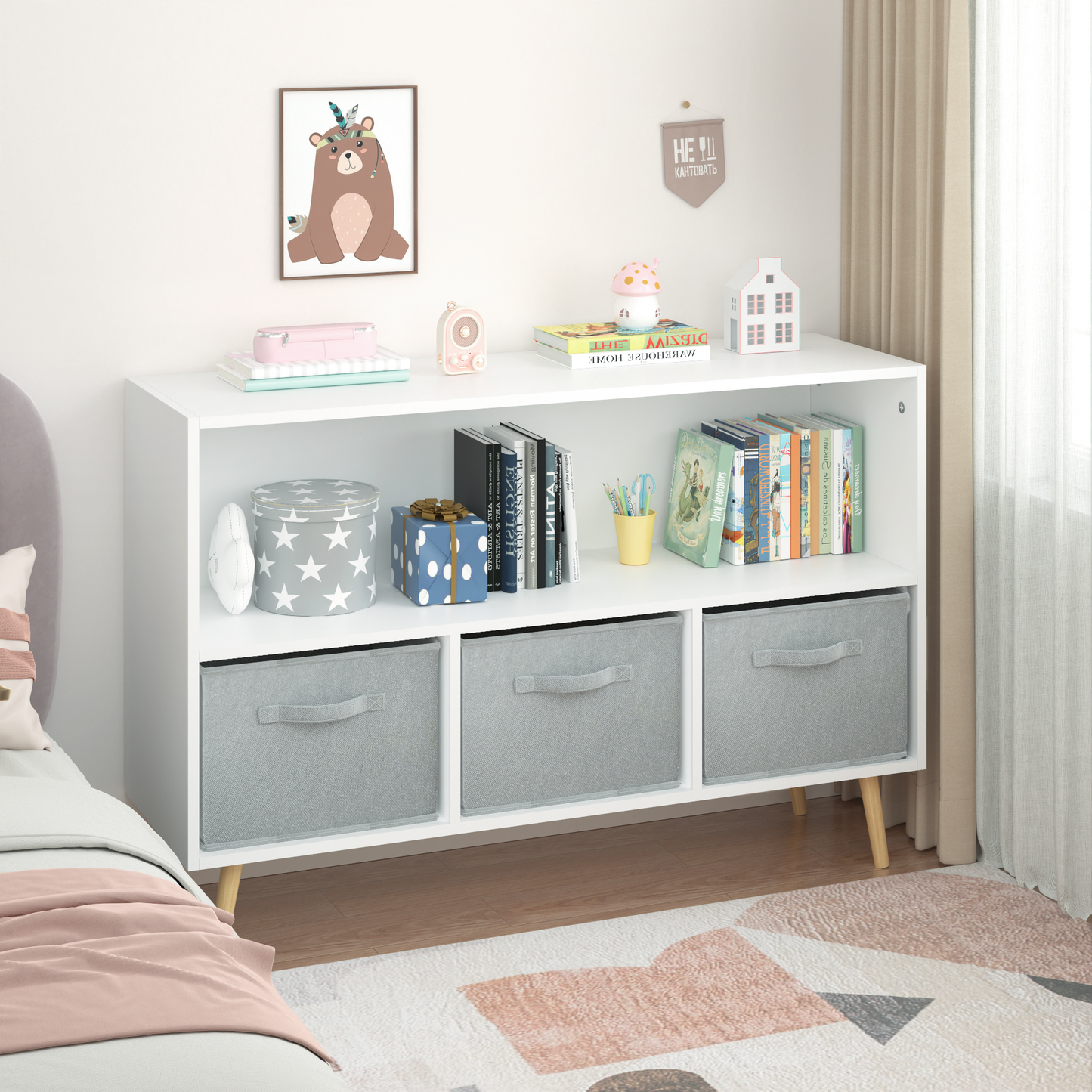 Kids Bookcase with Collapsible Fabric Drawers - Children's Book Display & Toy Storage Organizer, White/Gray, Stylish