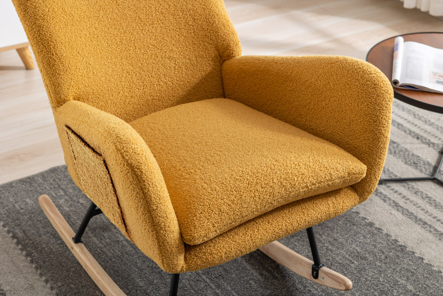 35.5 inch Rocking Chair with Pocket, Soft Teddy Fabric Rocking Chair for Nursery, Comfy Wingback Glider Rocker with Safe Solid Wood Base for Living Room Bedroom Balcony (TURMERIC)