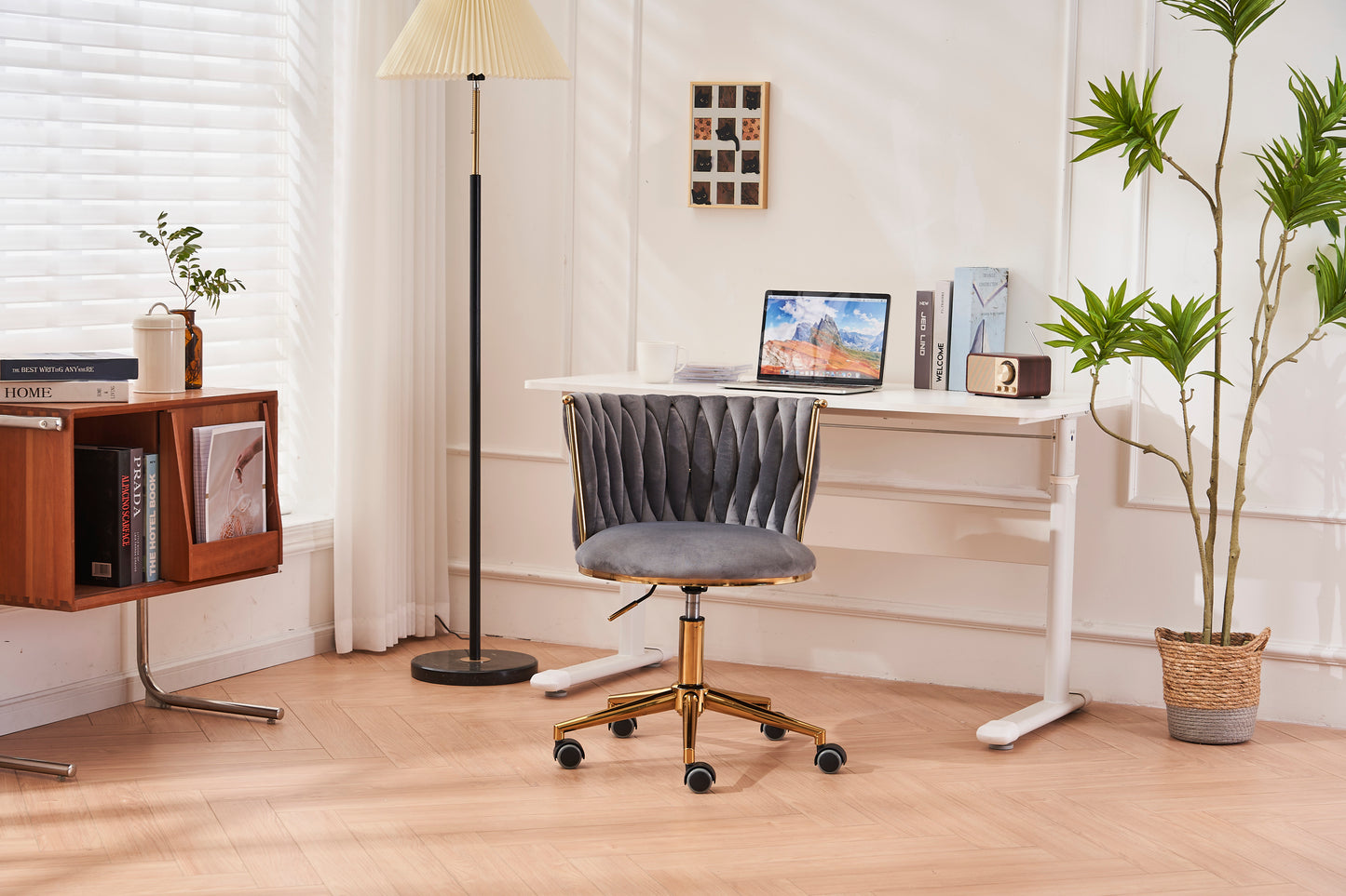 Ergonomic Dark Grey Upholstered Office Desk Chair with Adjustable Swivel Wheels for Home and Study