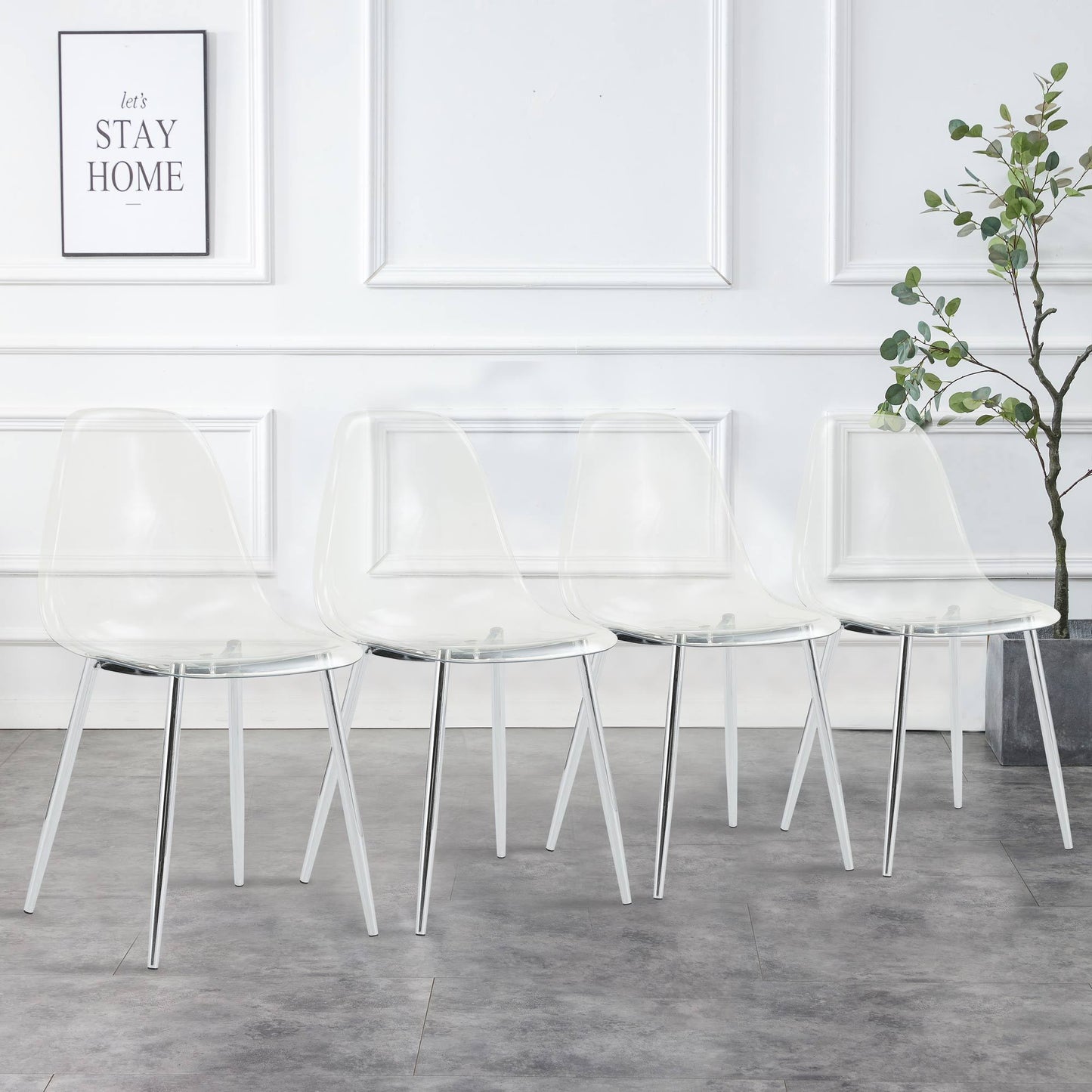 Modern Minimalist Transparent Dining Chair Set 6pcs Armless Nordic Makeup Stool with Silver Plated Metal Legs