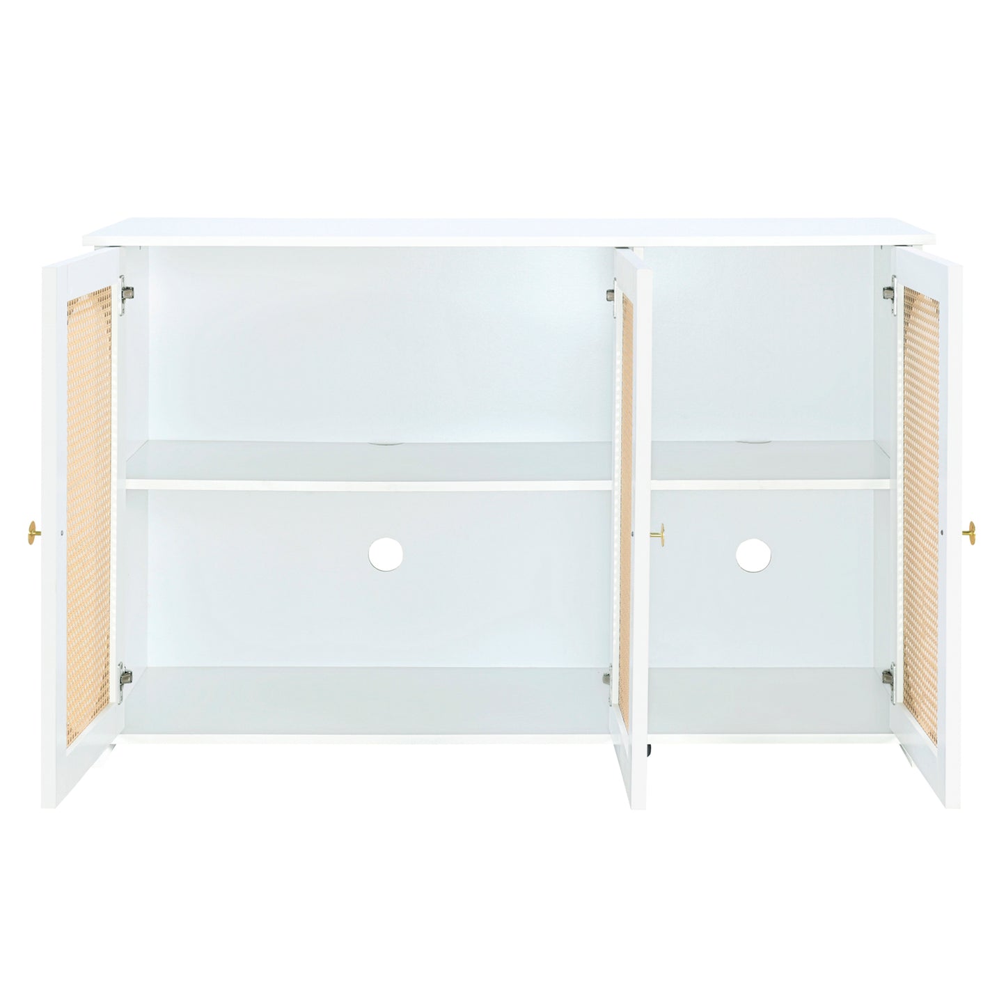 Retro 3-Door Accent Cabinet with Rattan Doors and Metal Handles for Living Room and Hallway Storage White