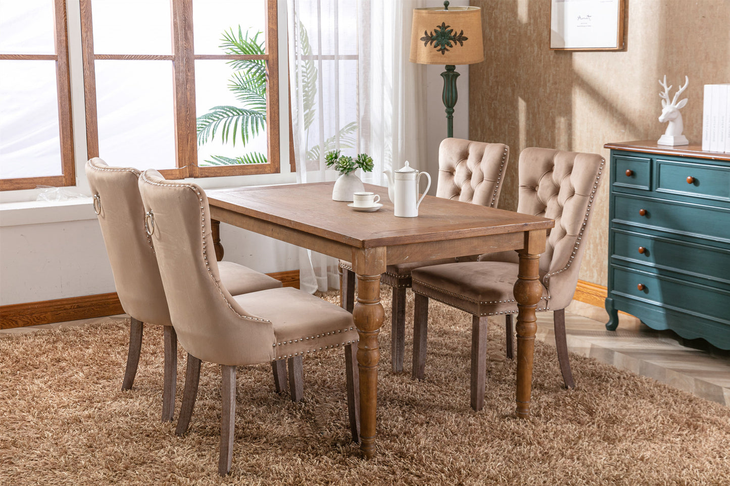 Modern Velvet Upholstered Dining Chair Set with Tufted Design and Nailhead Trim Solid Wood Legs Khaki 2-Pcs