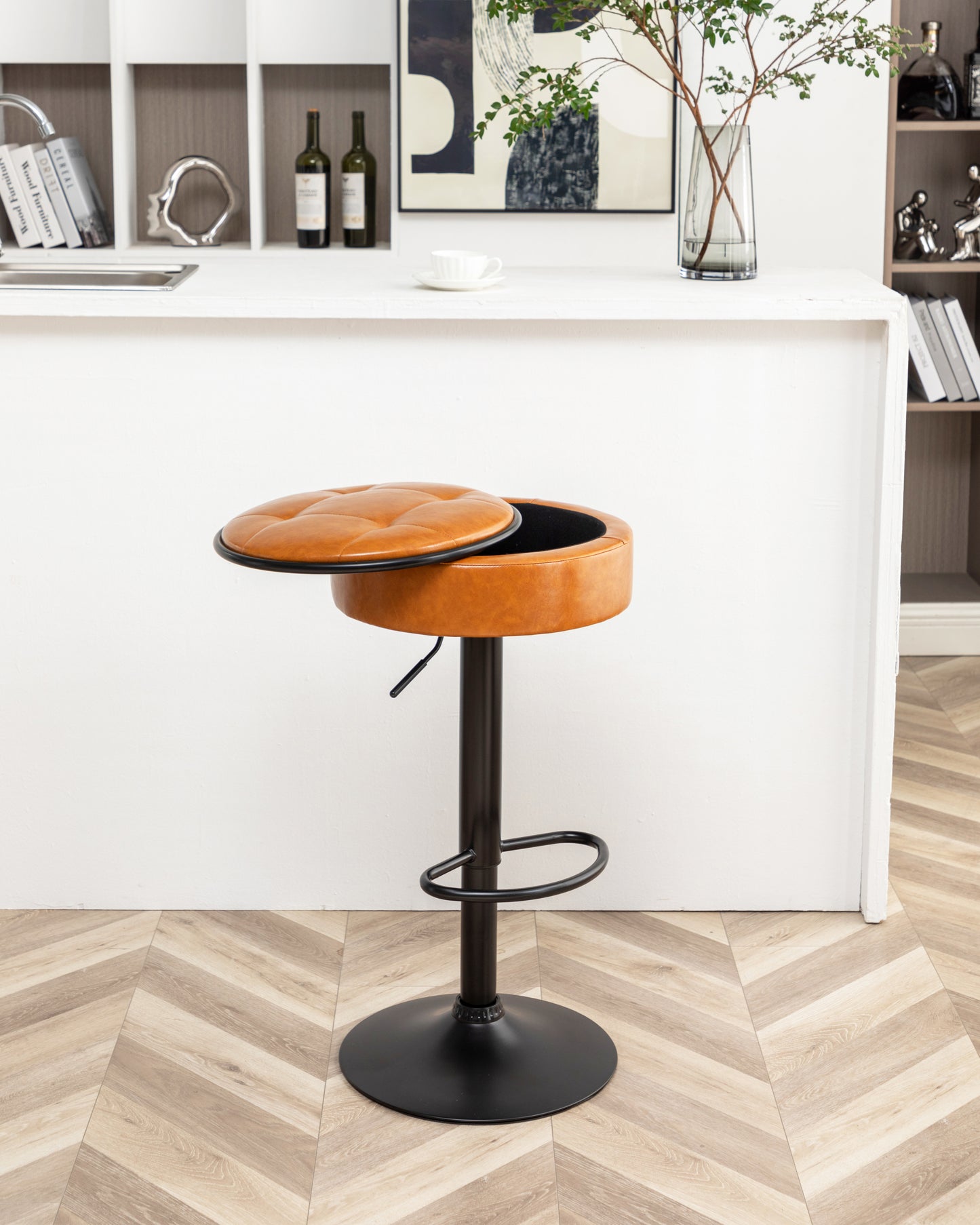 Adjustable Brown Faux Leather Bar Stool Set of 2 360° Swivel Armless Counter Height Chairs for Kitchen Dining Living Room