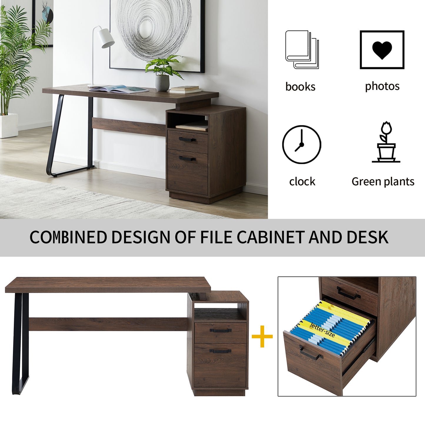 Home Office Computer Desk with Drawers and Hanging File Storage 65 Inch Writing Study Table for Workspace Organization