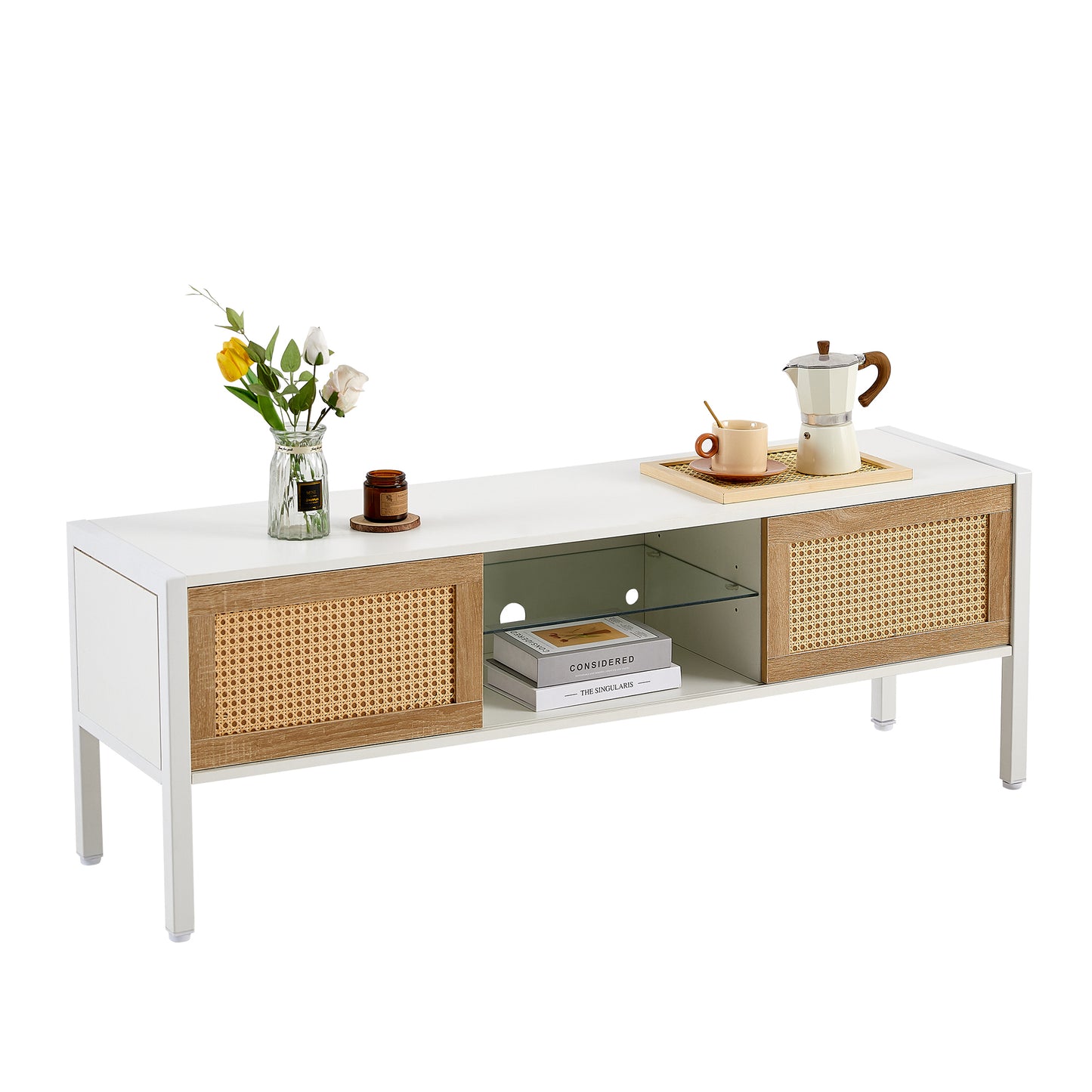 Rattan TV Cabinet with Color Changing Light Strip Double Sliding Doors Adjustable Shelf Metal Legs for Living Room White