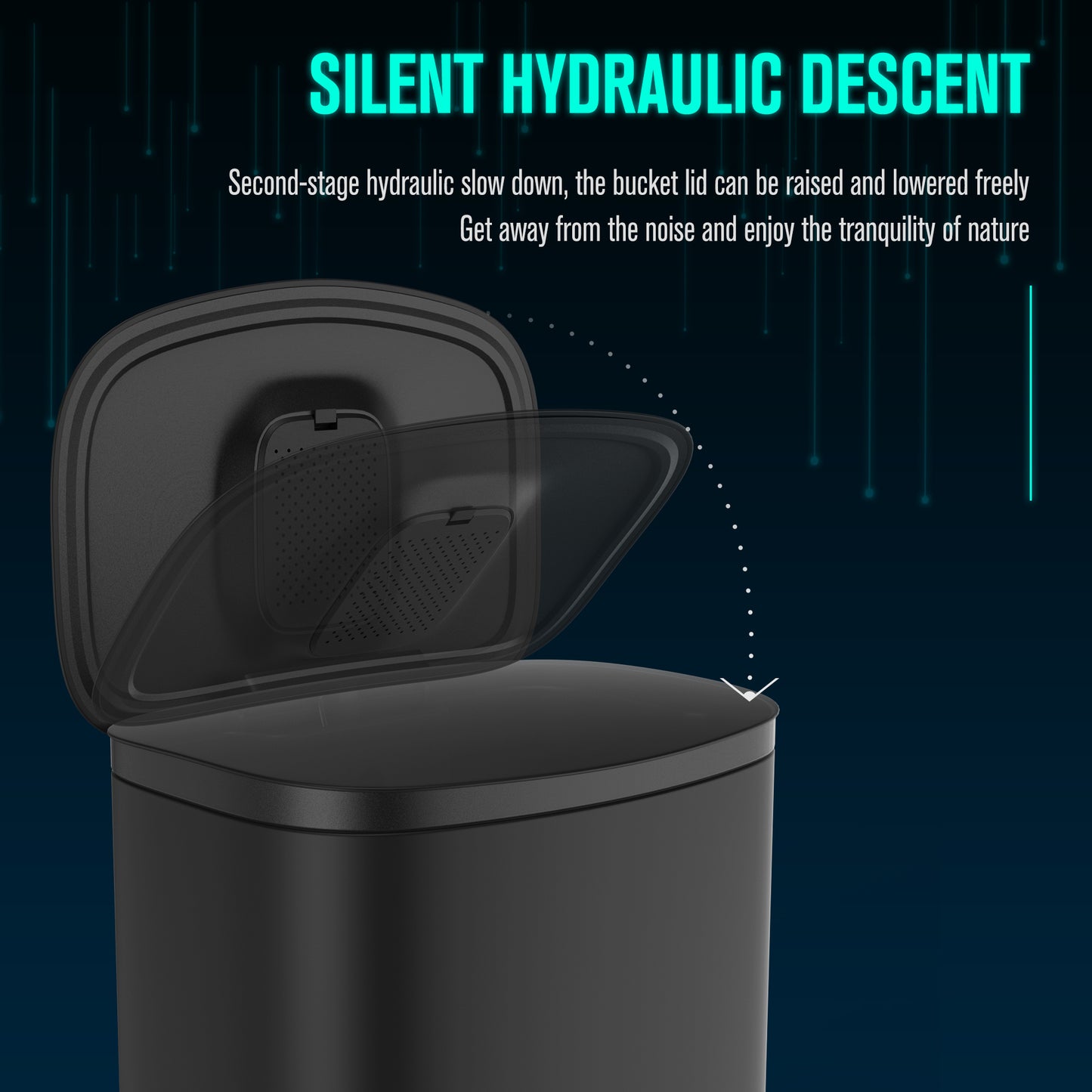 Curved Surface 13 Gallon 50L Kitchen Foot Pedal Soft Close Trash Can Stainless Steel Rectangular Bin with 30 Garbage Bags BLACK