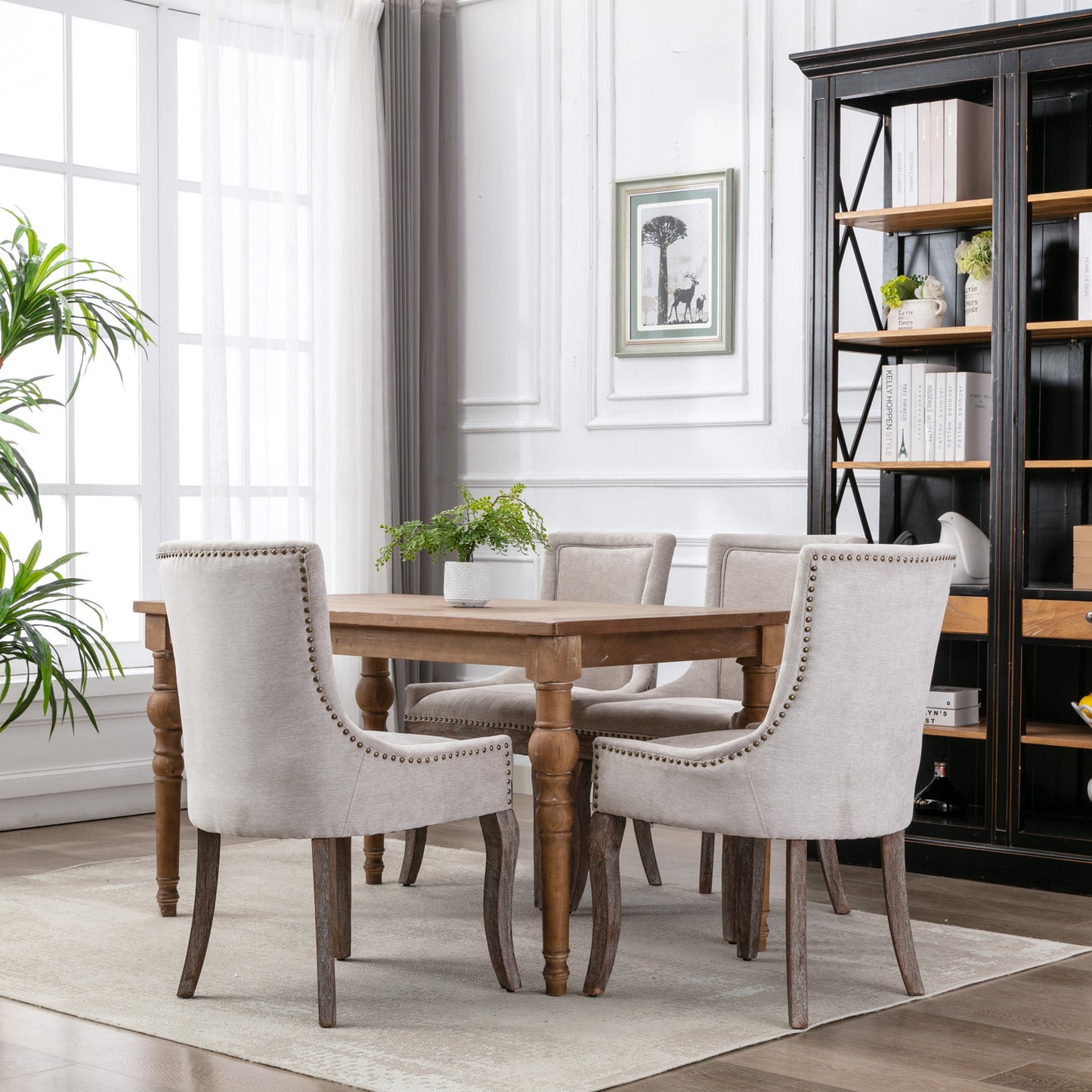 Ultra Side Dining Chair,Thickened fabric chairs with neutrally toned solid wood legs, Bronze nail head,Set of 2,Beige