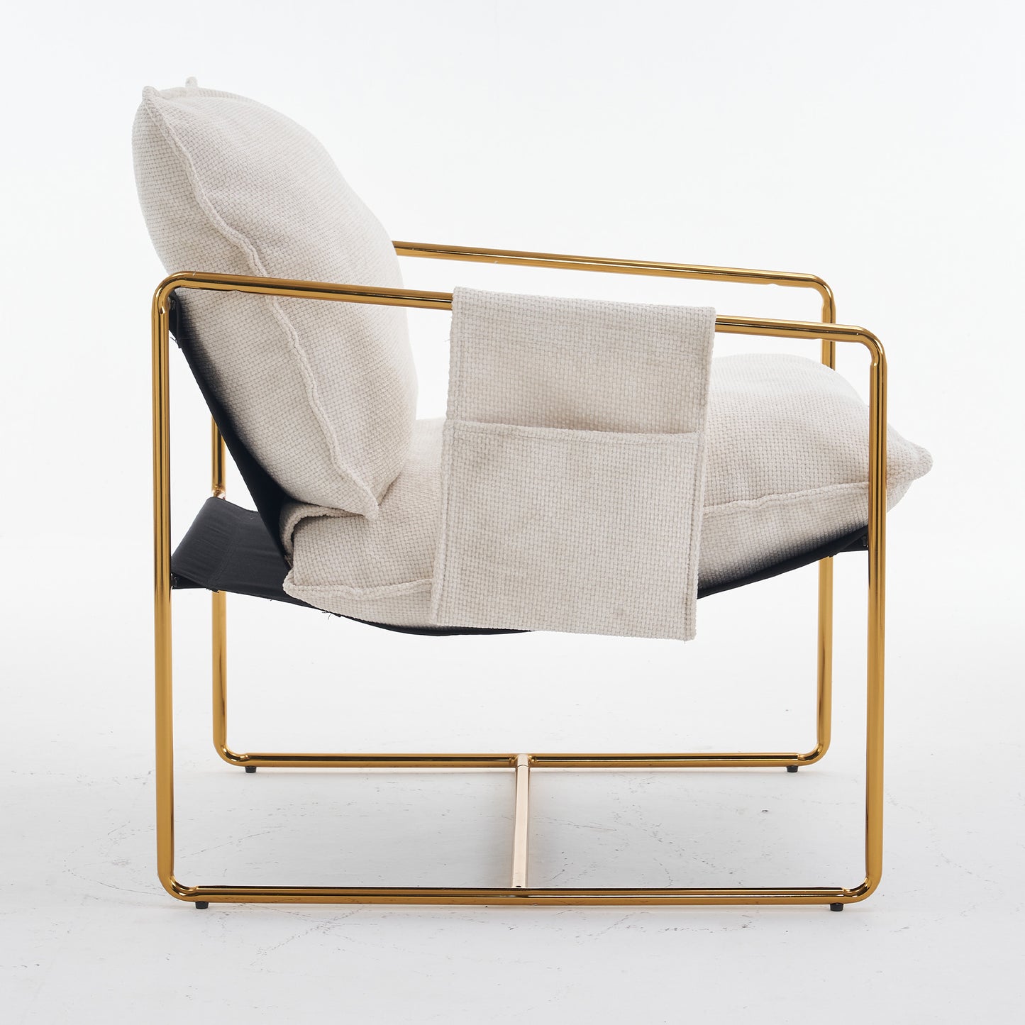 Beige Upholstered Hanging Armchair with Arm Pockets Metal Frame Gold-Plated Cushions for Living Room Bedroom
