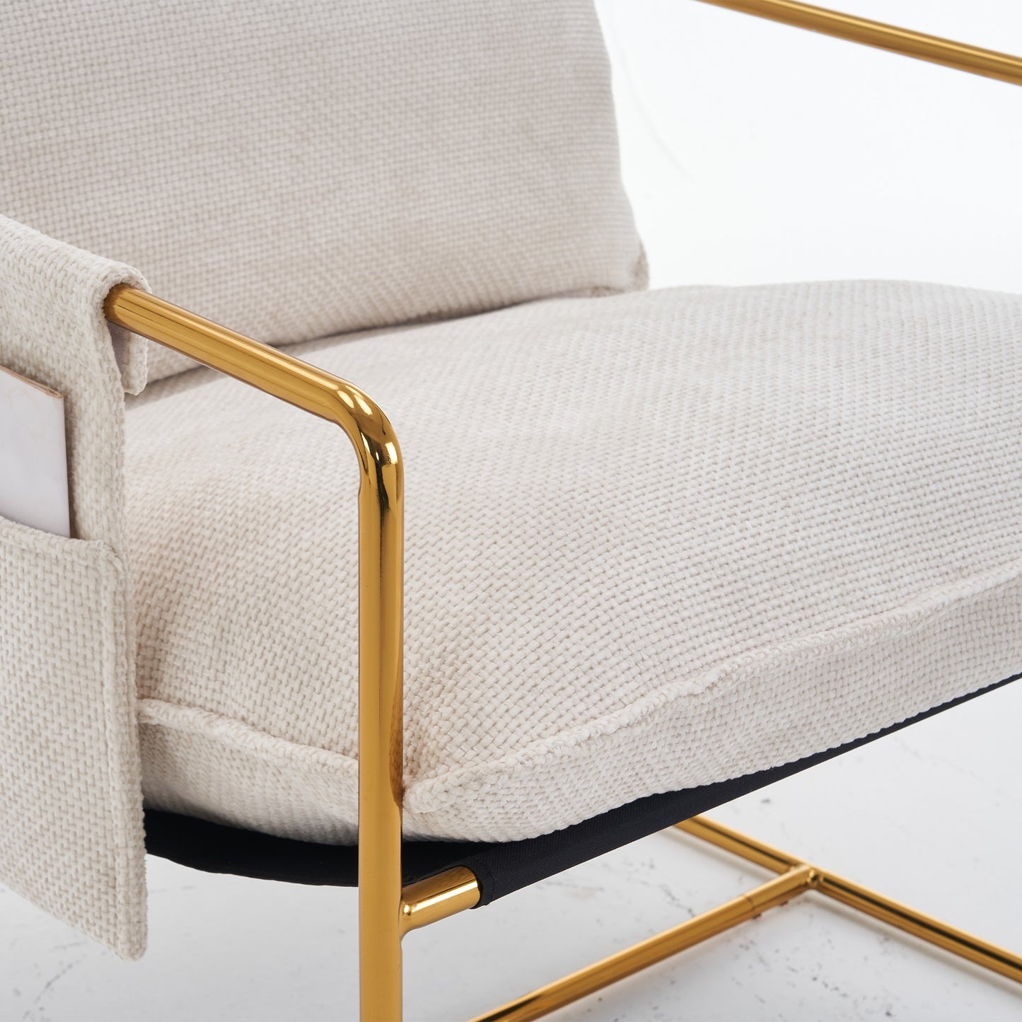 Beige Upholstered Hanging Armchair with Arm Pockets Metal Frame Gold-Plated Cushions for Living Room Bedroom