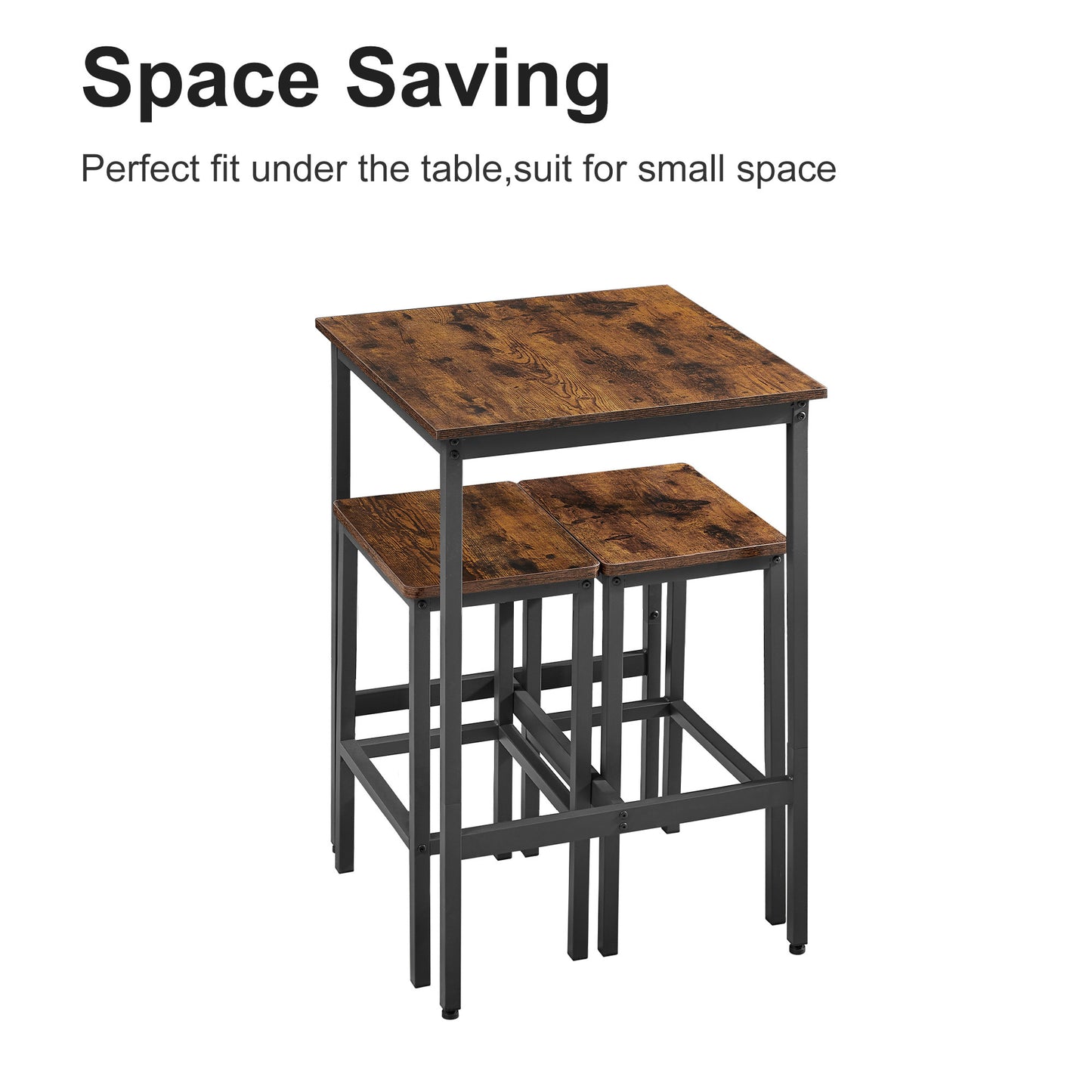 Industrial Square Bar Table Set with 2 Rustic Brown Chairs for Kitchen Living Room Space Saving 23.6x23.6x35.4 Inches