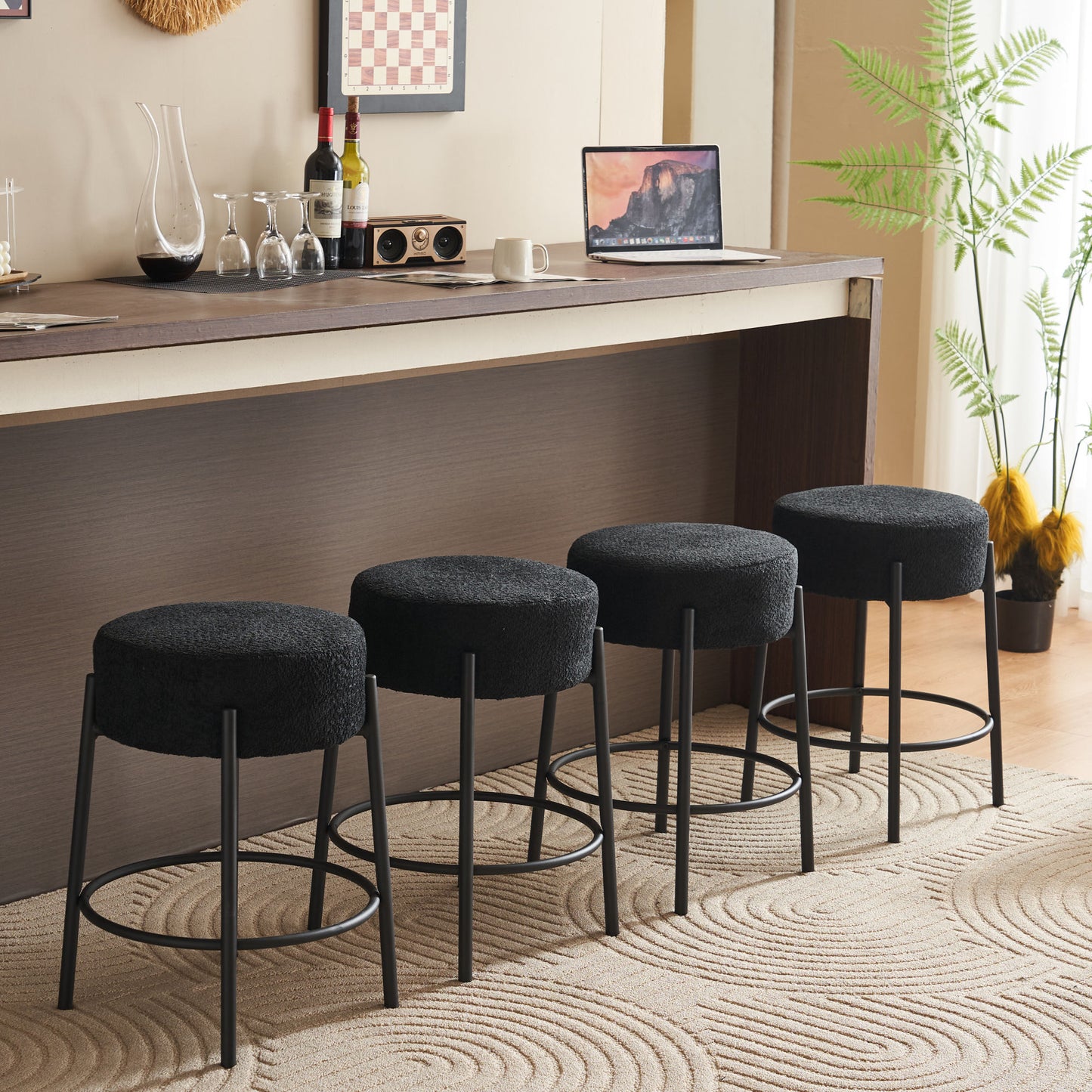 Set of 2 24 Inch Tall Round Upholstered Bar Stools for Kitchen and Coffee Shops Contemporary Design