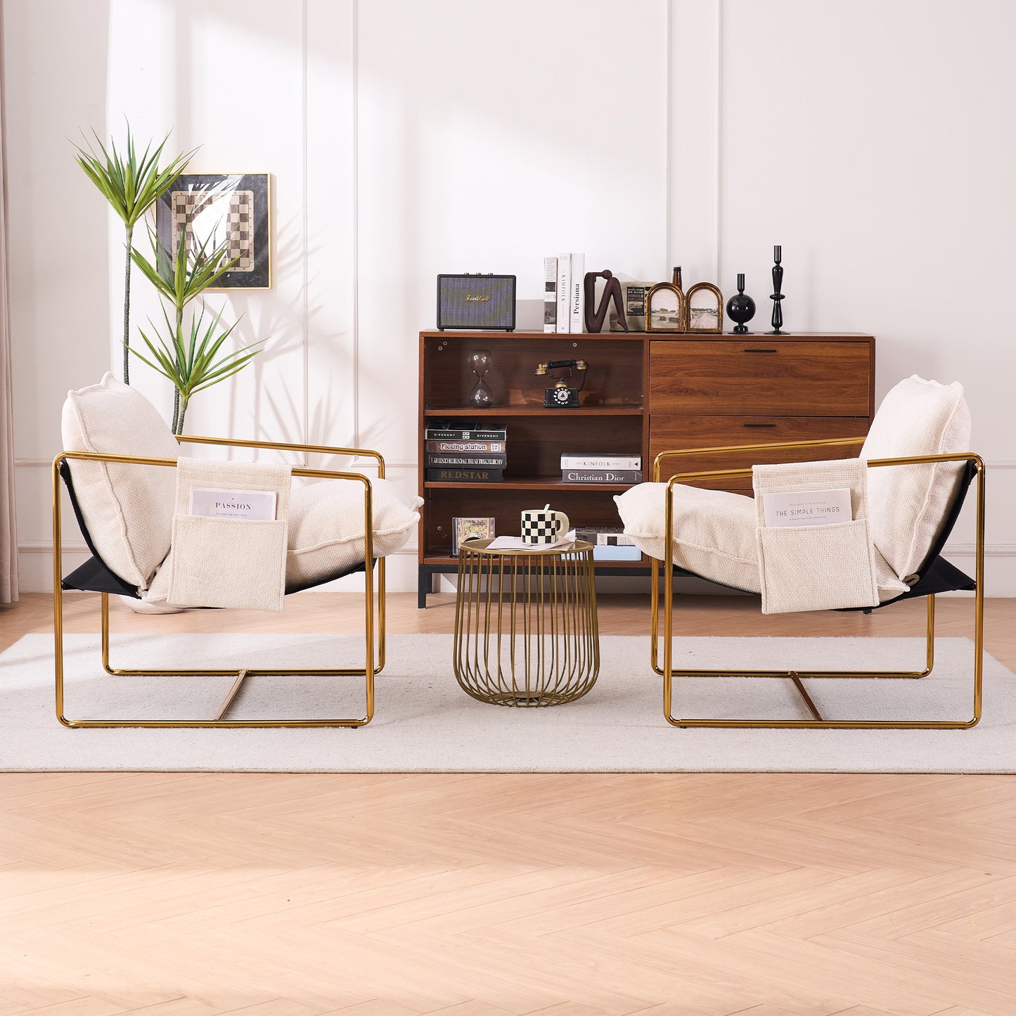 Beige Upholstered Hanging Armchair with Arm Pockets Metal Frame Gold-Plated Cushions for Living Room Bedroom