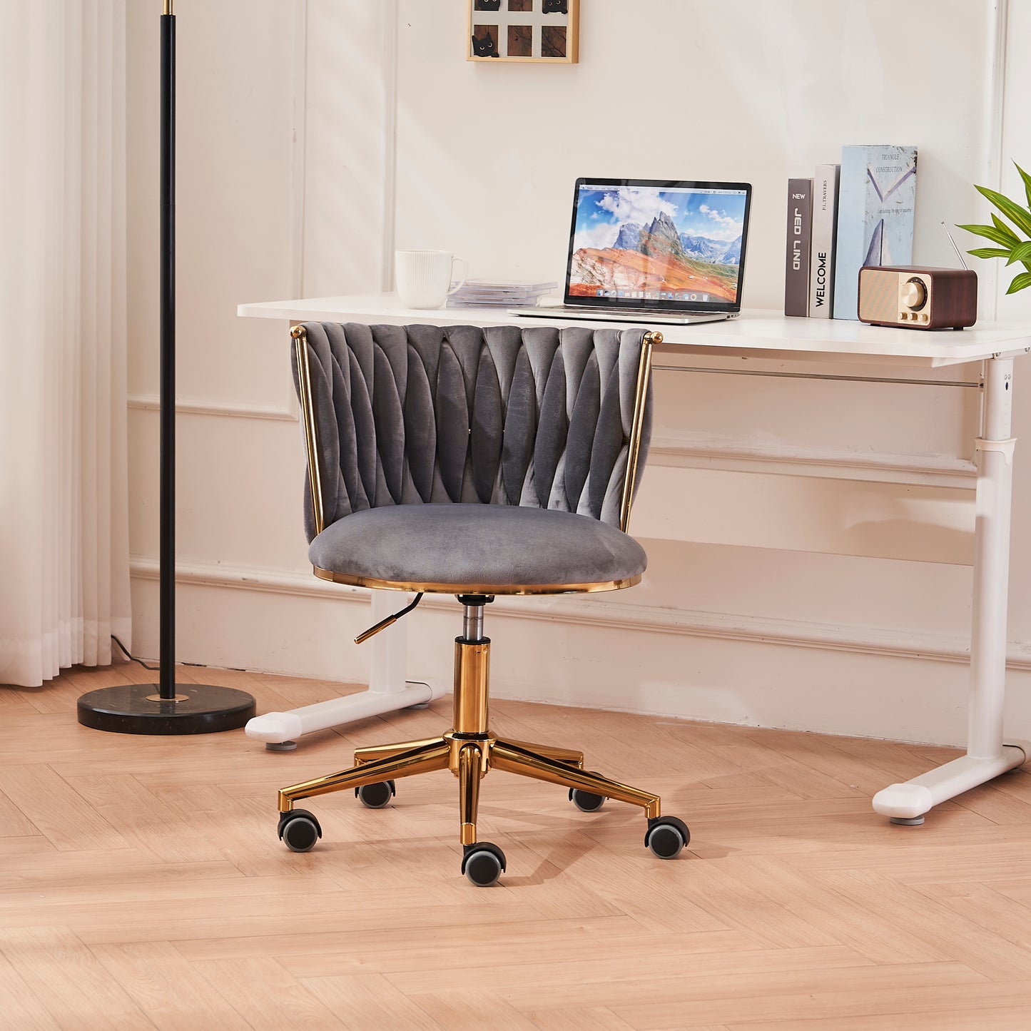 Ergonomic Dark Grey Upholstered Office Desk Chair with Adjustable Swivel Wheels for Home and Study