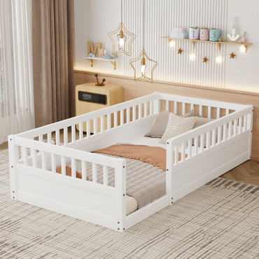 Twin Floor Bed Frame with Fence, Wood Kids Floor Beds Frame for Bedroom Playroom,White