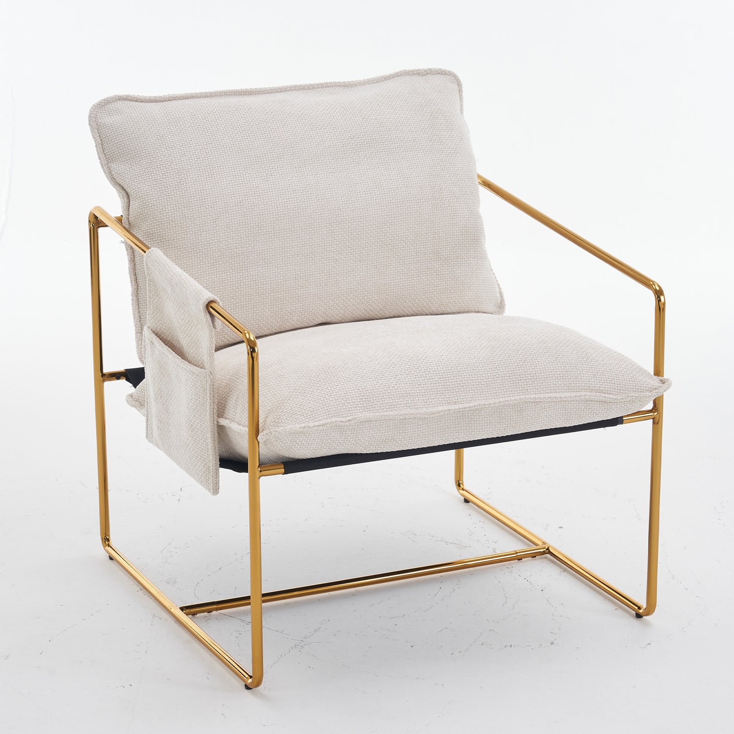 Beige Upholstered Hanging Armchair with Arm Pockets Metal Frame Gold-Plated Cushions for Living Room Bedroom
