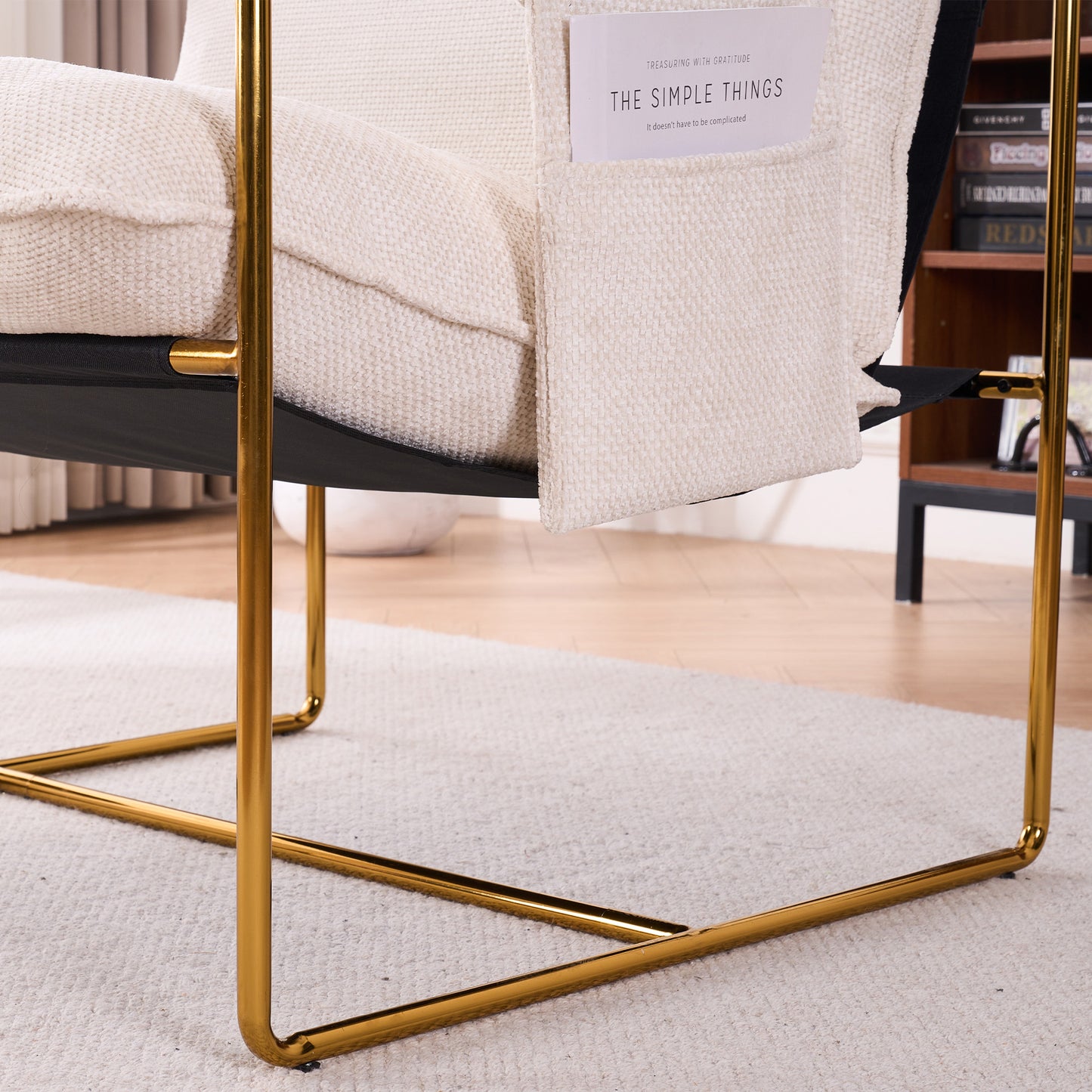 Beige Upholstered Hanging Armchair with Arm Pockets Metal Frame Gold-Plated Cushions for Living Room Bedroom