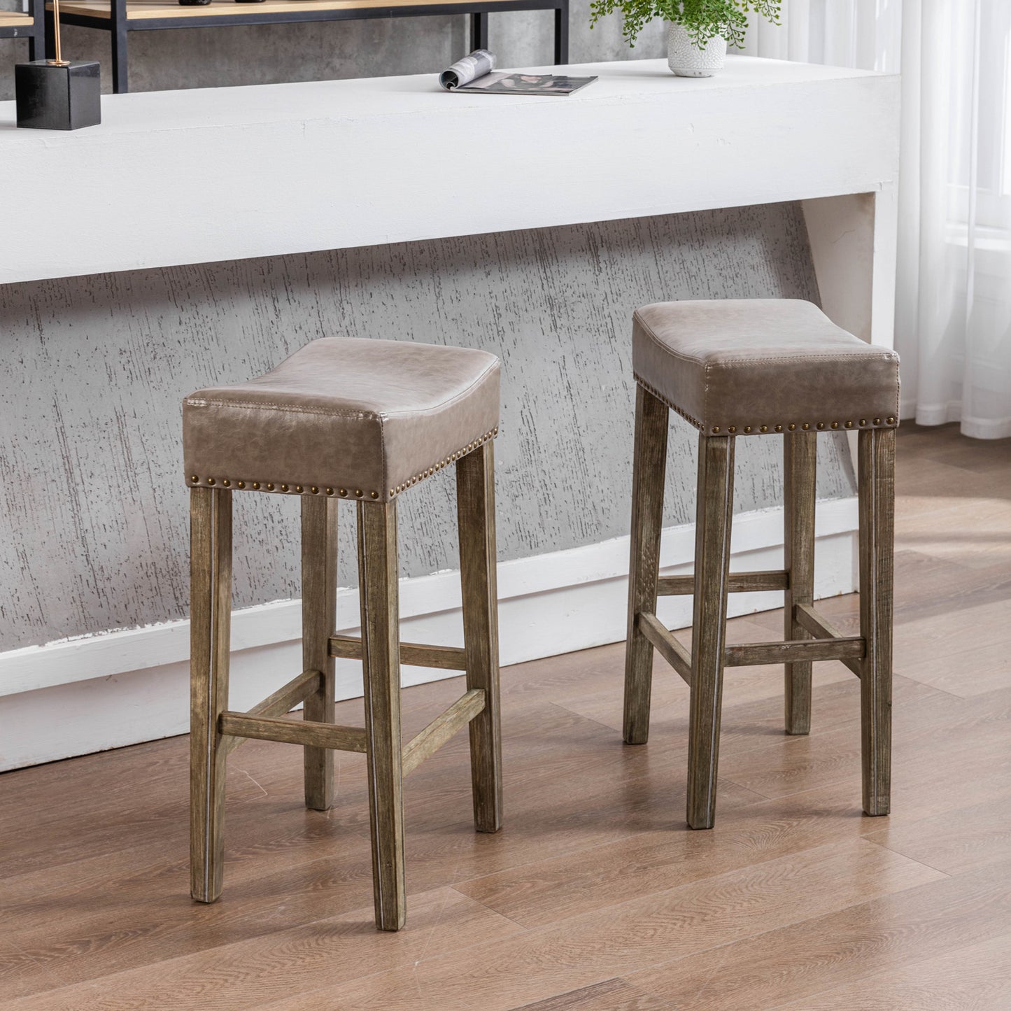 Counter Height 29" Bar Stools for Kitchen Counter Backless Faux Leather Stools Farmhouse Island Chairs (29 Inch, Gray, Set of 2)