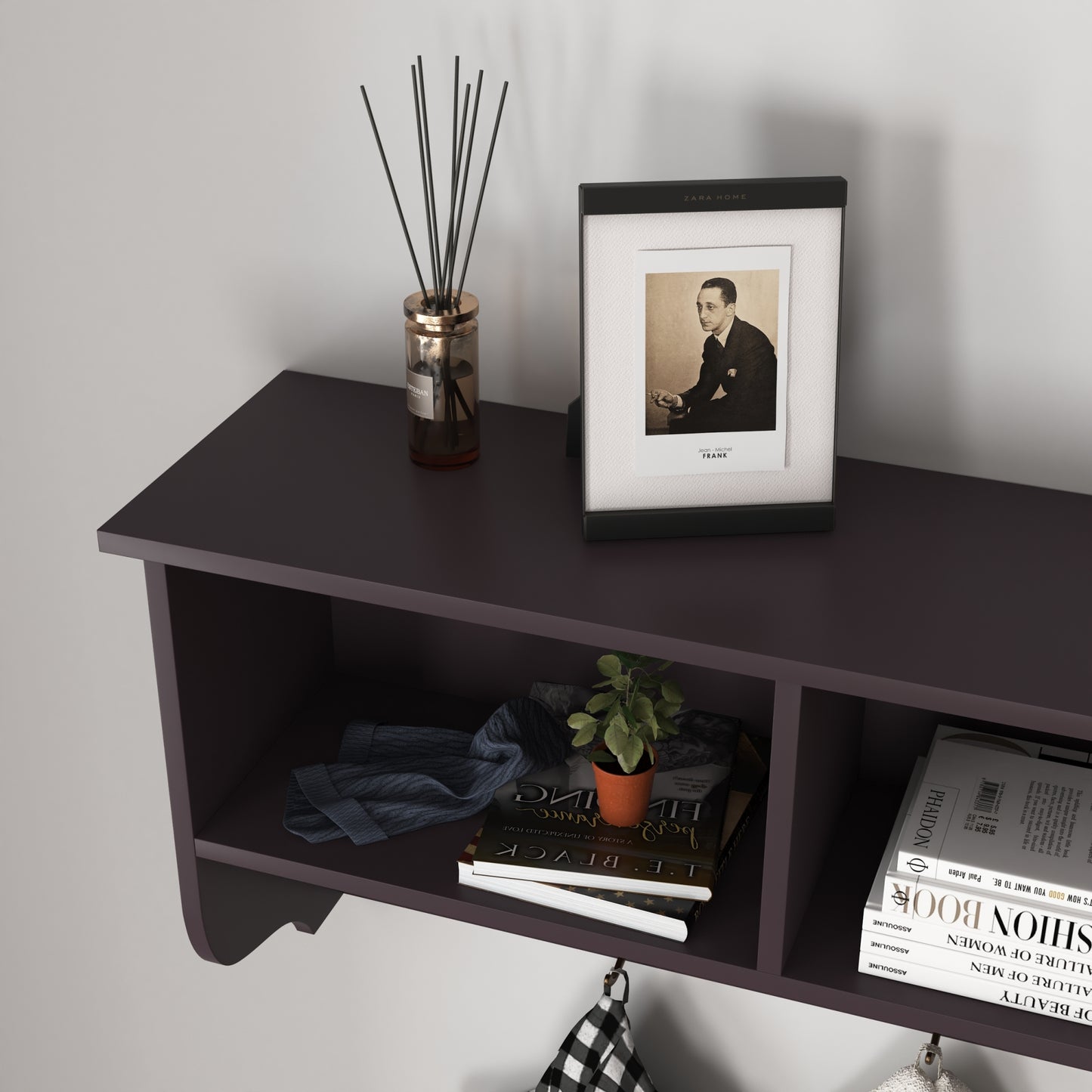 Espresso Wall Mounted Coat Rack with 4 Dual Hooks & Wooden Storage Shelf for Entryway & Living Room