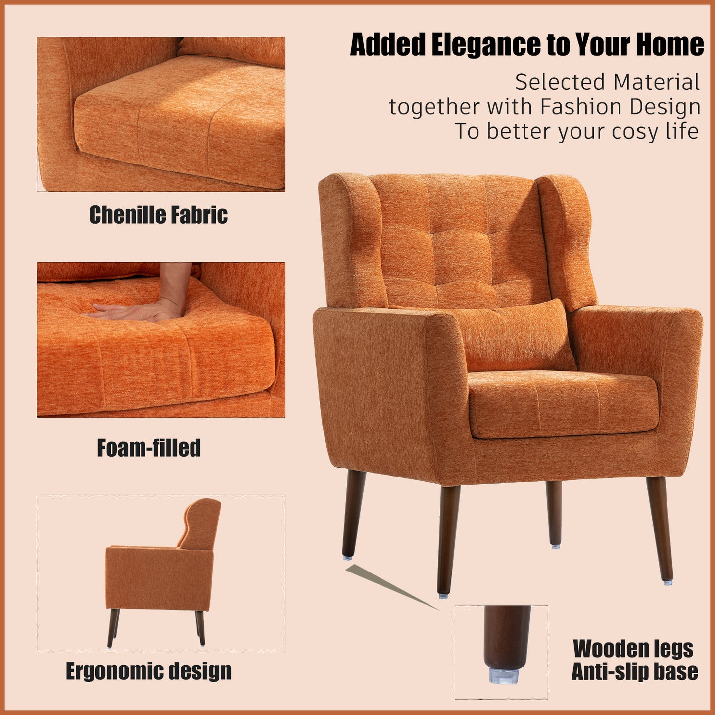 Orange Chenille Accent Chair for Living Room Soft Padded Armchair with Pillow Solid Wood Legs Ideal for Small Spaces