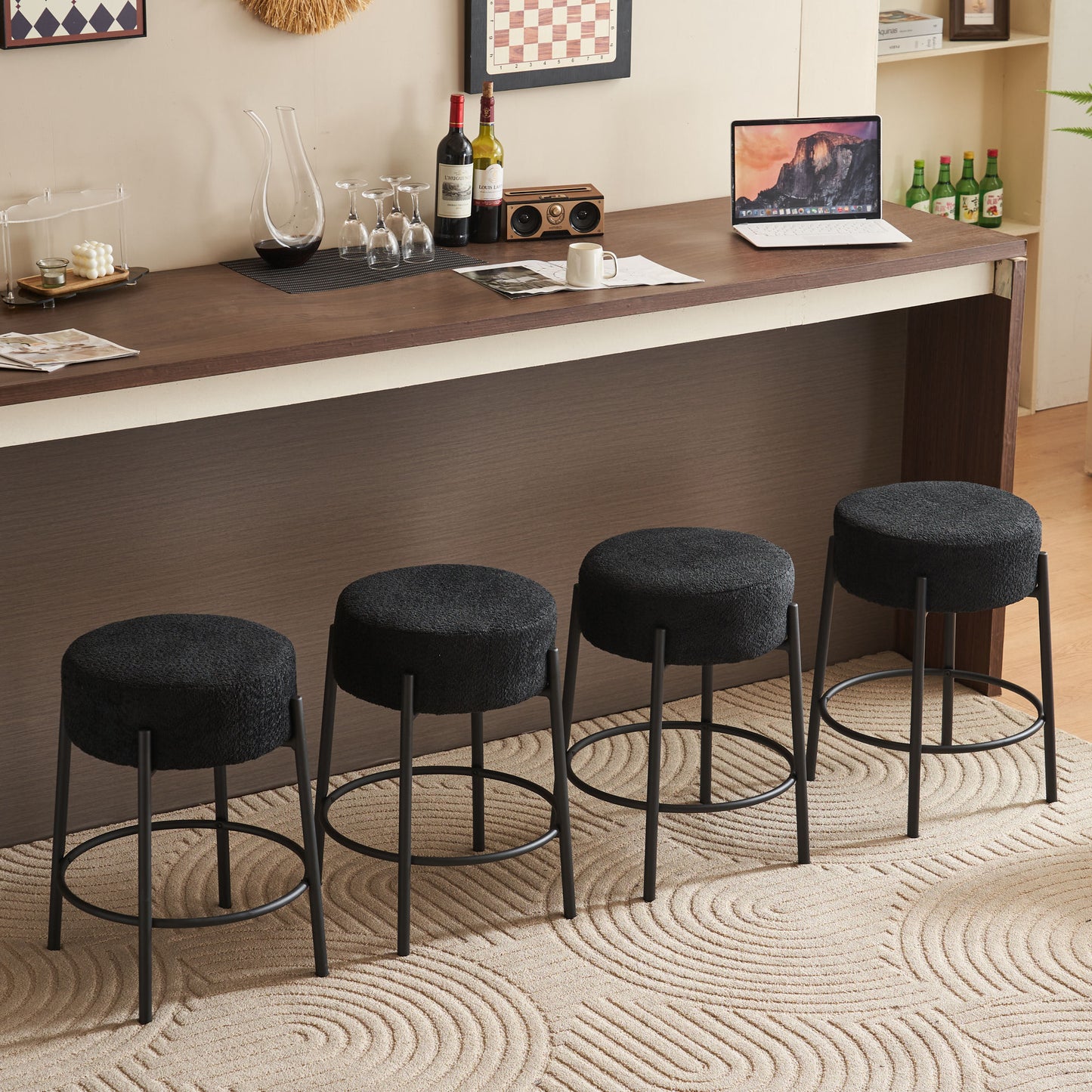 Set of 2 24 Inch Tall Round Upholstered Bar Stools for Kitchen and Coffee Shops Contemporary Design