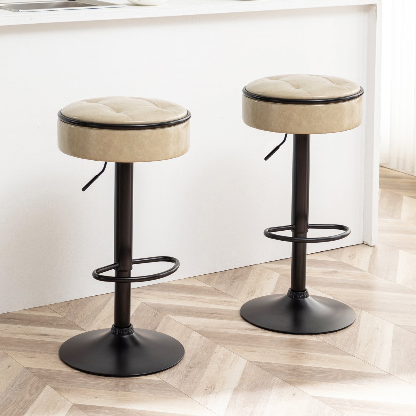 Khaki Faux Leather Adjustable Bar Stool Set of 2 360° Swivel Armless Counter Chairs with Metal Frame for Kitchen Dining Living Room