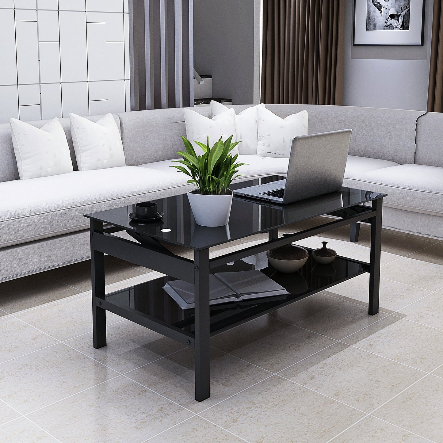 Modern Glass Lift Top Coffee Table with 2-Layer Design for Living Room Black Tempered Glass