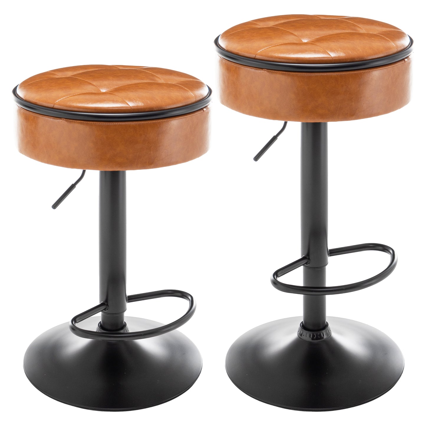 Adjustable Brown Faux Leather Bar Stool Set of 2 360° Swivel Armless Counter Height Chairs for Kitchen Dining Living Room