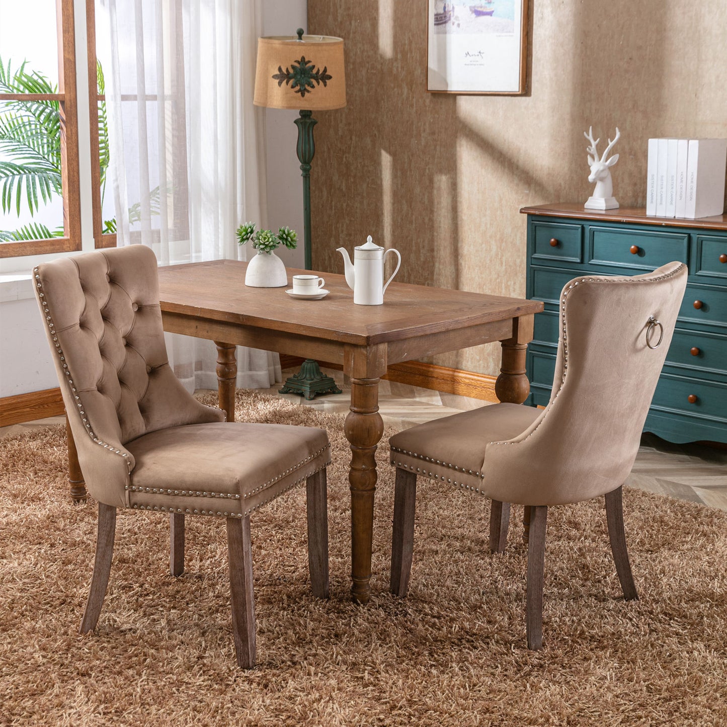 Modern Velvet Upholstered Dining Chair Set with Tufted Design and Nailhead Trim Solid Wood Legs Khaki 2-Pcs