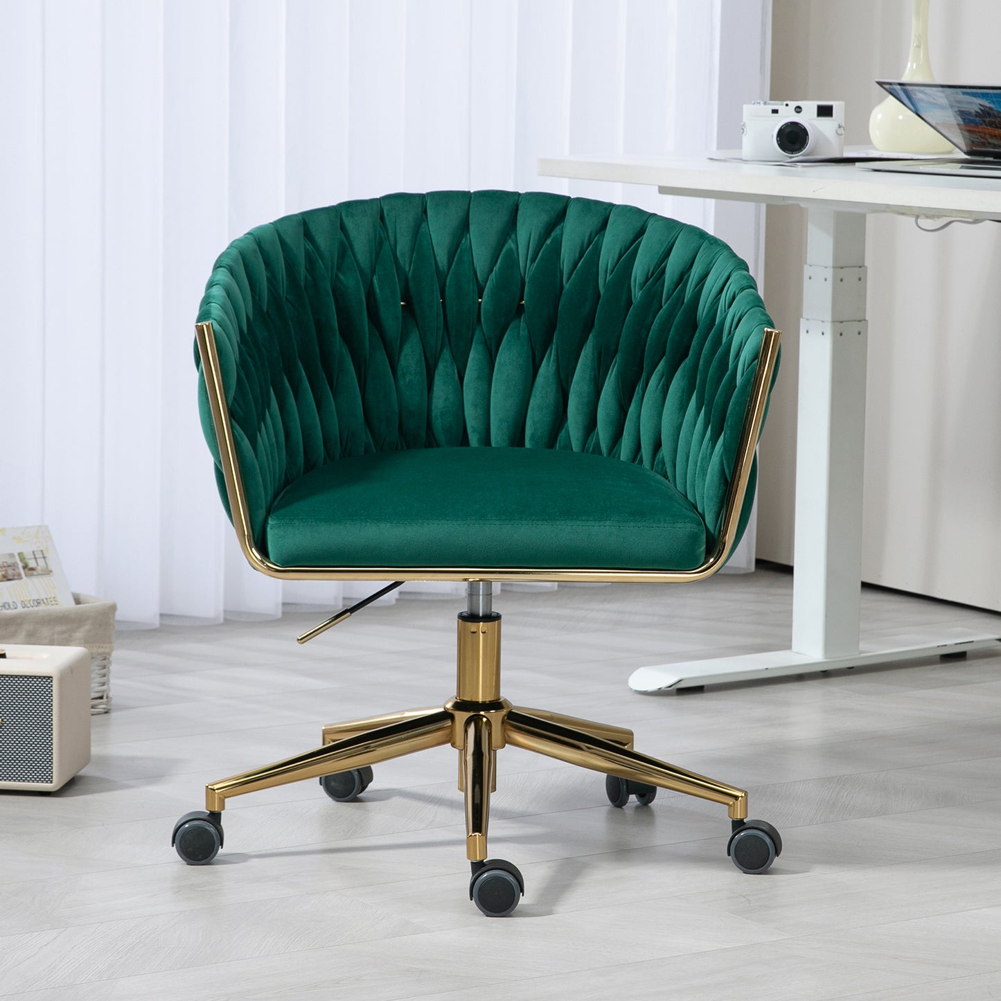 Hand-Woven Modern Design Office Chair with Wheels Height Adjustable 360 degree Swivel for Bedroom Living Room Green