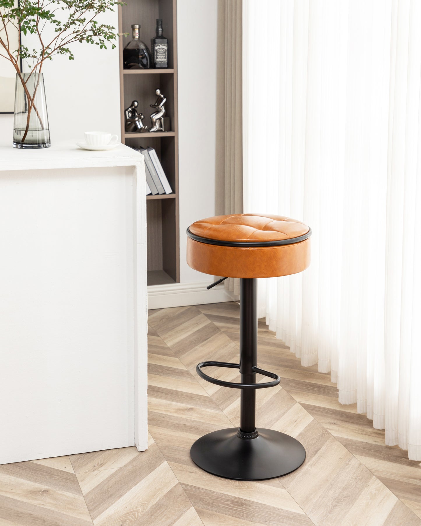 Adjustable Brown Faux Leather Bar Stool Set of 2 360° Swivel Armless Counter Height Chairs for Kitchen Dining Living Room
