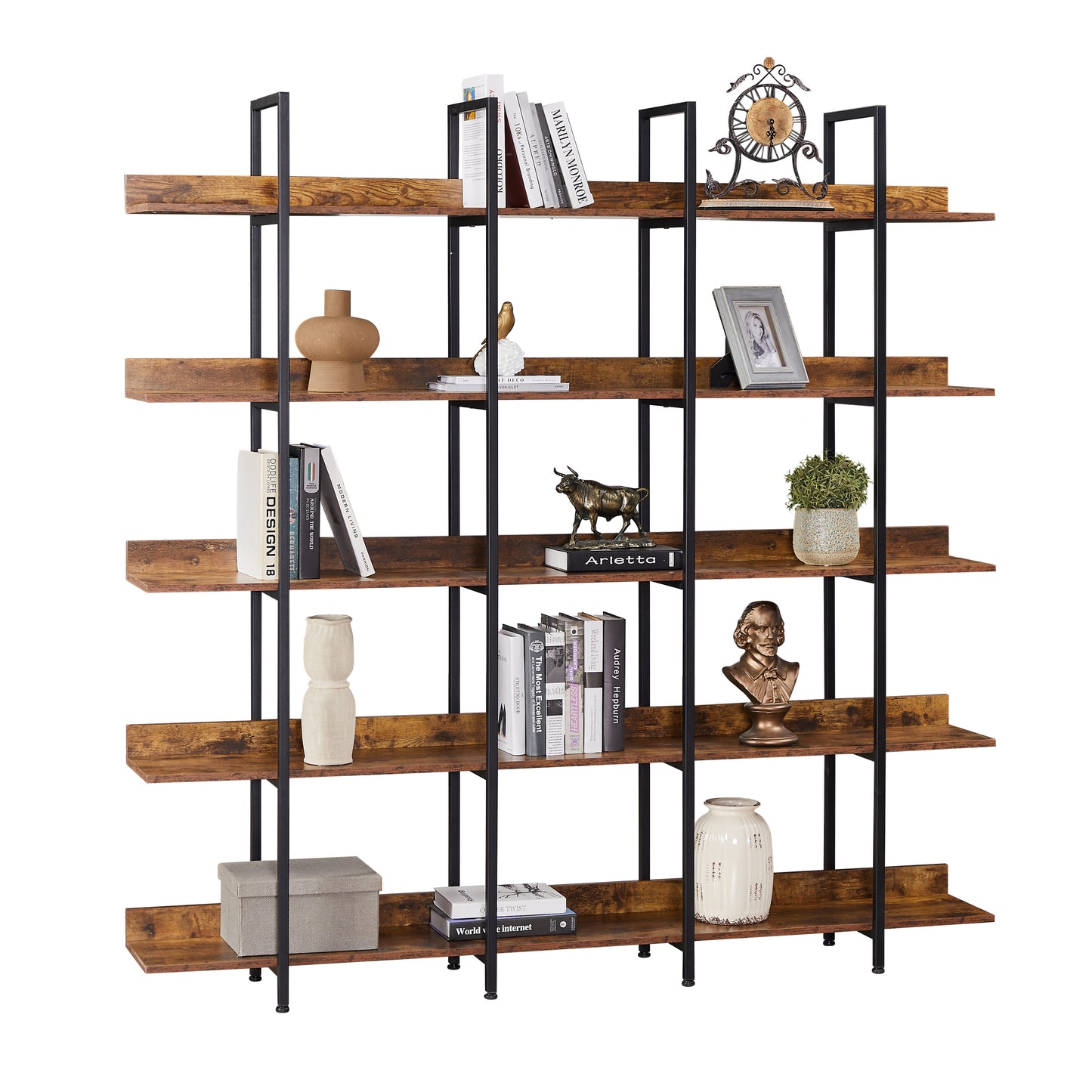 5 Tier Open Bookshelf Vintage Industrial Style Metal Frame MDF Board Home Office Storage Shelf