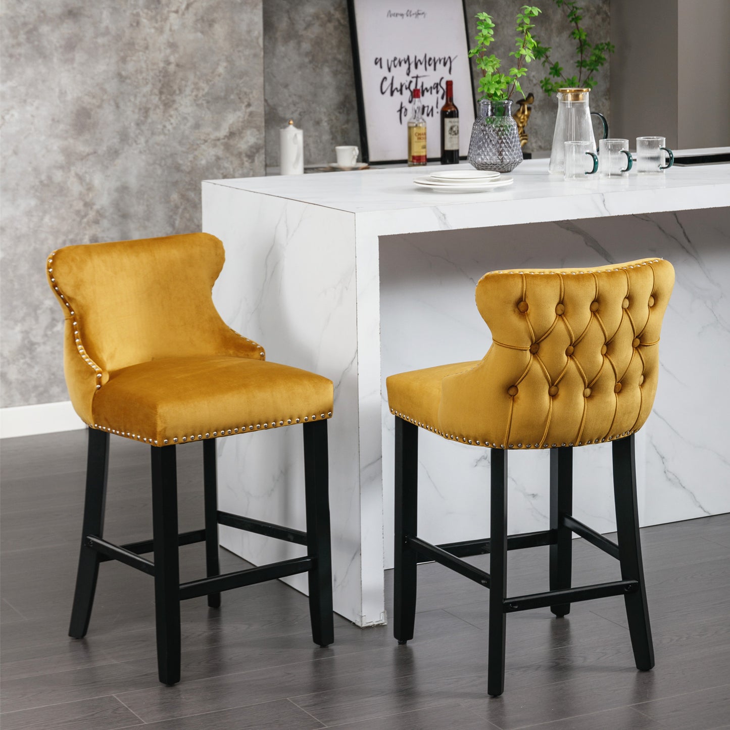 Gold Velvet Wing-Back Barstools with Button Tufting and Chrome Nailhead Trim Set of 2