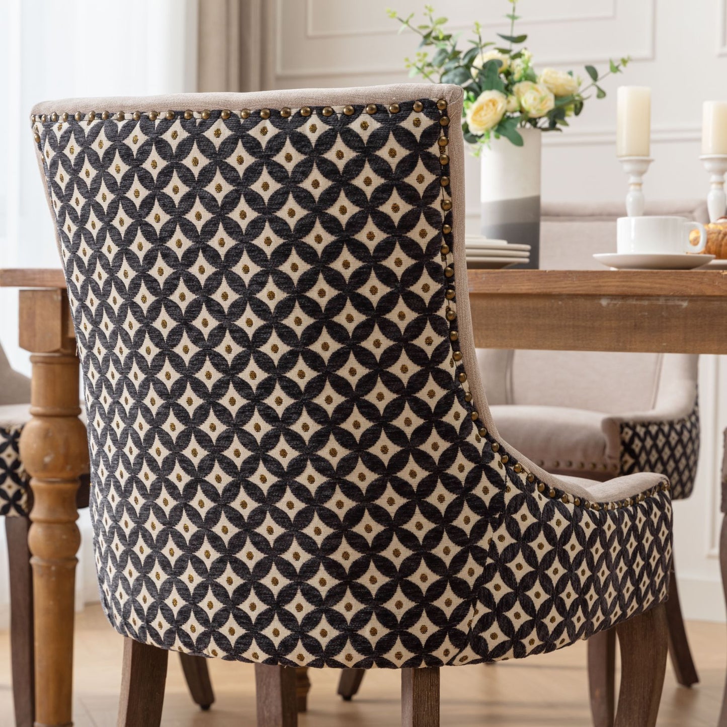 Ultra Side Dining Chairs Set of 2 Beige Thick Fabric with Solid Wood Legs and Bronze Nail Head