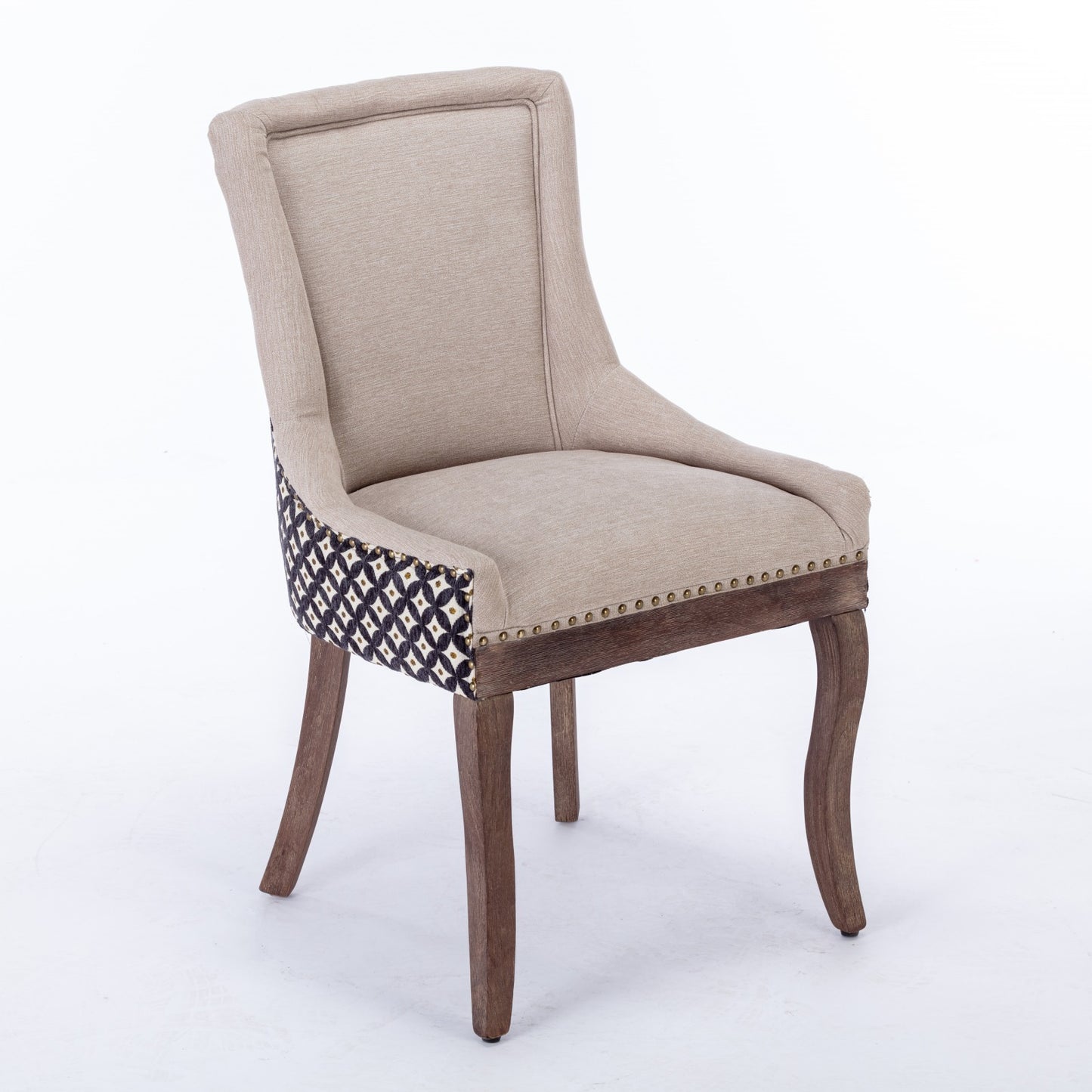 Ultra Side Dining Chairs Set of 2 Beige Thick Fabric with Solid Wood Legs and Bronze Nail Head