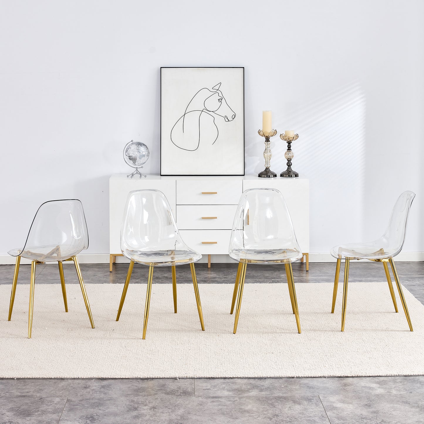 Modern Minimalist Transparent Dining Chair Set with Gold-Plated Metal Legs - Nordic Armless Crystal Makeup Stools 6-Piece TW-1200