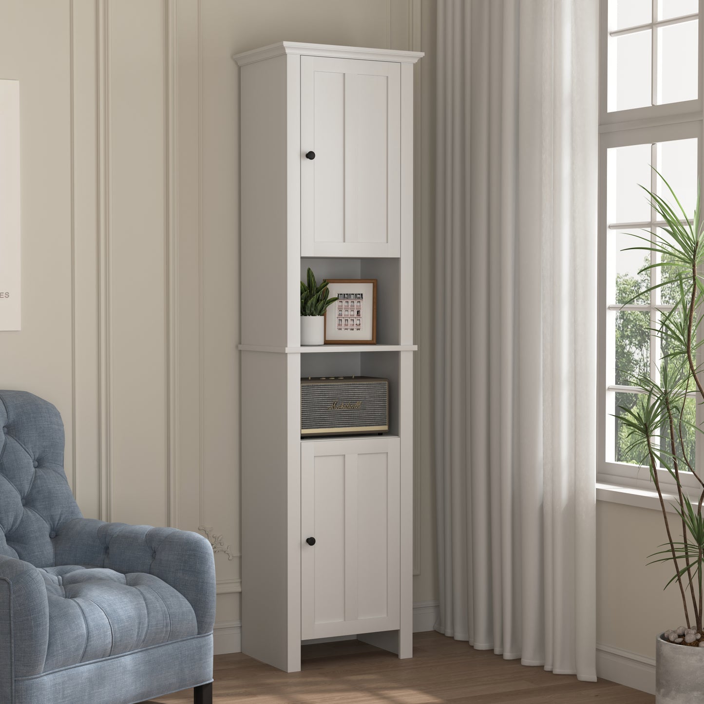 Bathroom Floor Storage Cabinet with 2 Doors, Wooden Living Room Cabinet with 6 Shelves, Space-Saving Organizer 15.75x11.81x66.93