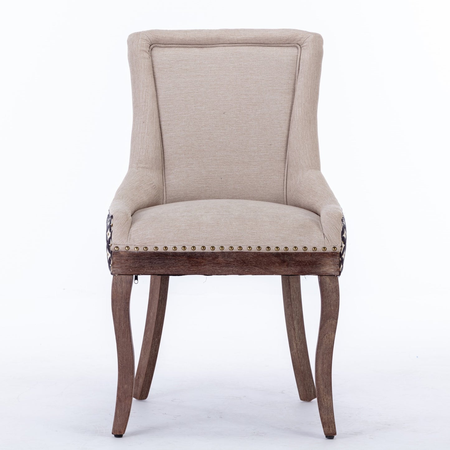 Ultra Side Dining Chairs Set of 2 Beige Thick Fabric with Solid Wood Legs and Bronze Nail Head