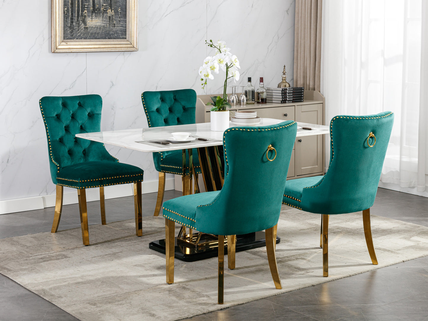 Modern Velvet Upholstered Dining Chairs Set of 2 with Gold Stainless Steel Legs and Nailhead Trim Black and Gold