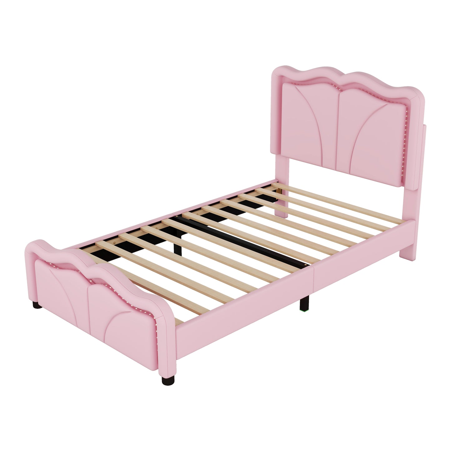 Twin Size Upholstered Platform Bed with Curve Shaped and Height-adjustbale Headboard,LED Light Strips,Pink