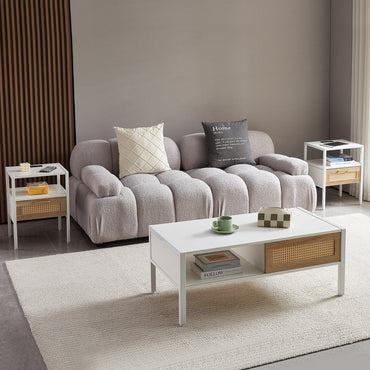 Set of 2, 15.75" Rattan End table with Power Outlet & USB Ports , Modern nightstand with drawer and metal legs, side table for living room, bedroom,white