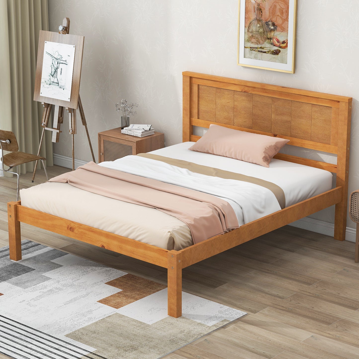 Platform Bed Frame with Headboard , Wood Slat Support , No Box Spring Needed ,Twin,Oak