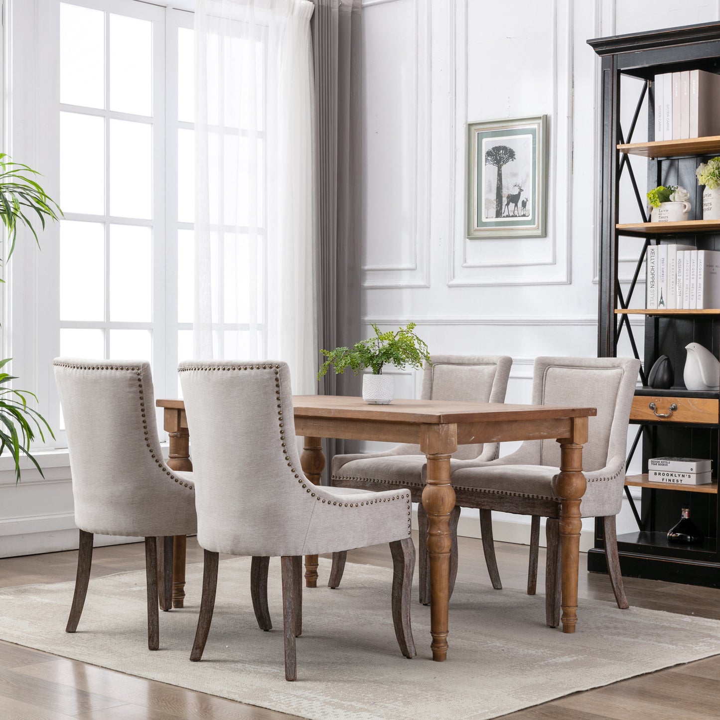 Ultra Side Dining Chair,Thickened fabric chairs with neutrally toned solid wood legs, Bronze nail head,Set of 2,Beige