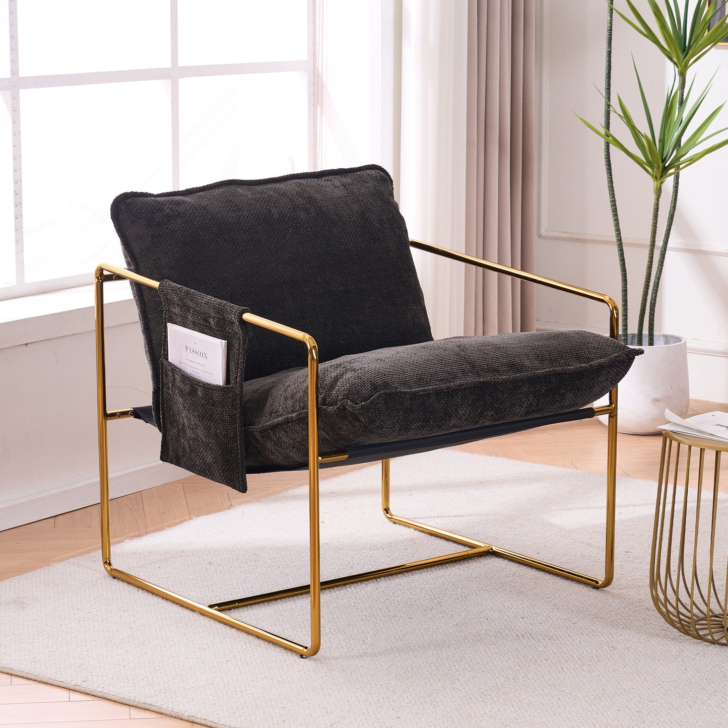 Dual Armchair Set in One Box Upholstered Hanging Chairs with Arm Pockets Metal Frame Dark Gray Crushed Foam Cushions for Living Room Bedroom