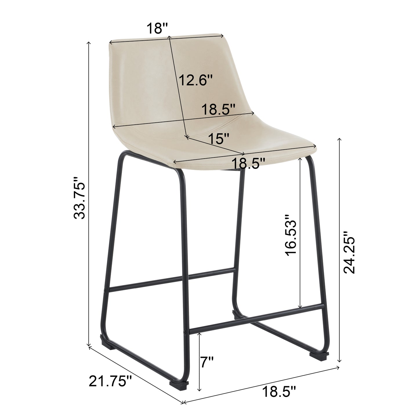 Vintage 24-Inch Armless Industrial Faux Leather Counter Stool Set of 2 Cream Black Metal Legs Footrest for Kitchen Cafe Bar
