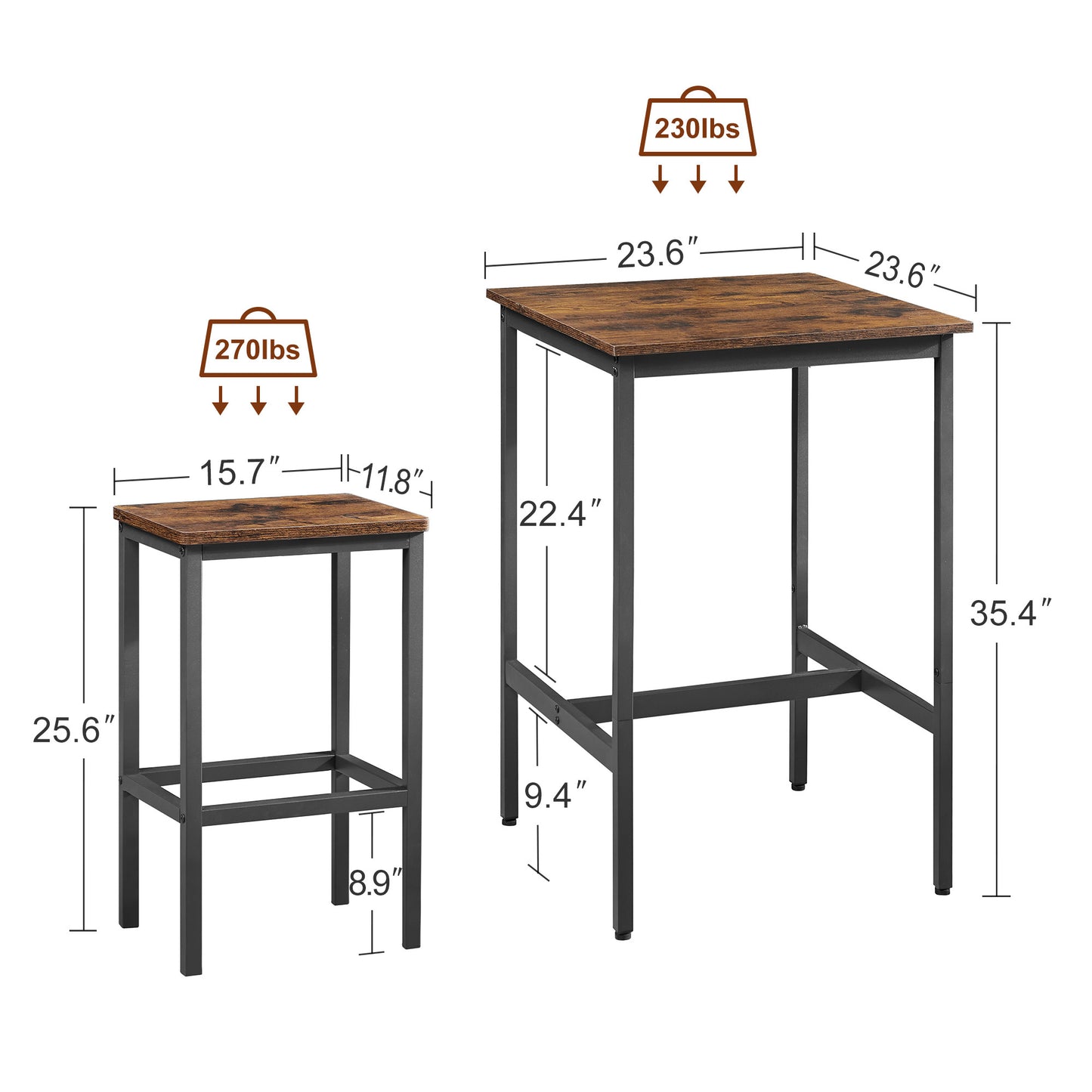 Industrial Square Bar Table Set with 2 Rustic Brown Chairs for Kitchen Living Room Space Saving 23.6x23.6x35.4 Inches