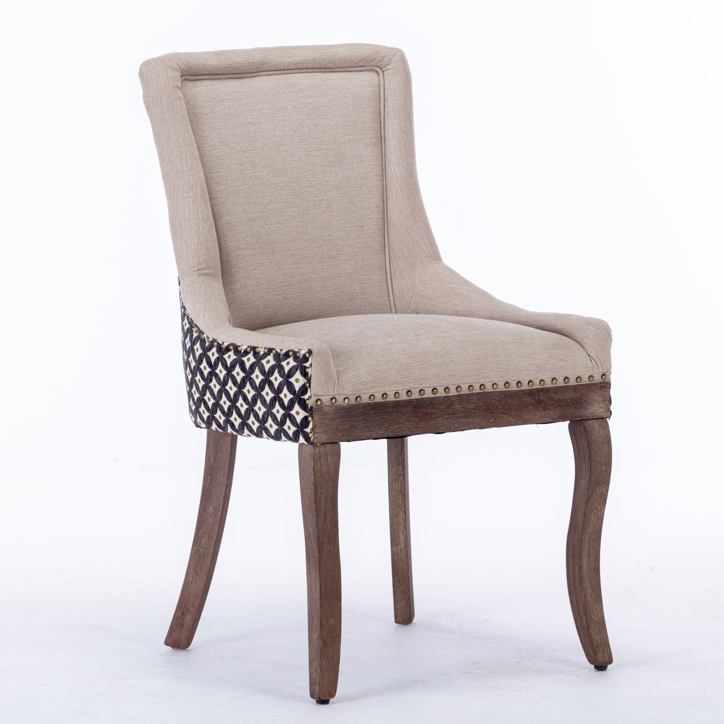 Ultra Side Dining Chairs Set of 2 Beige Thick Fabric with Solid Wood Legs and Bronze Nail Head