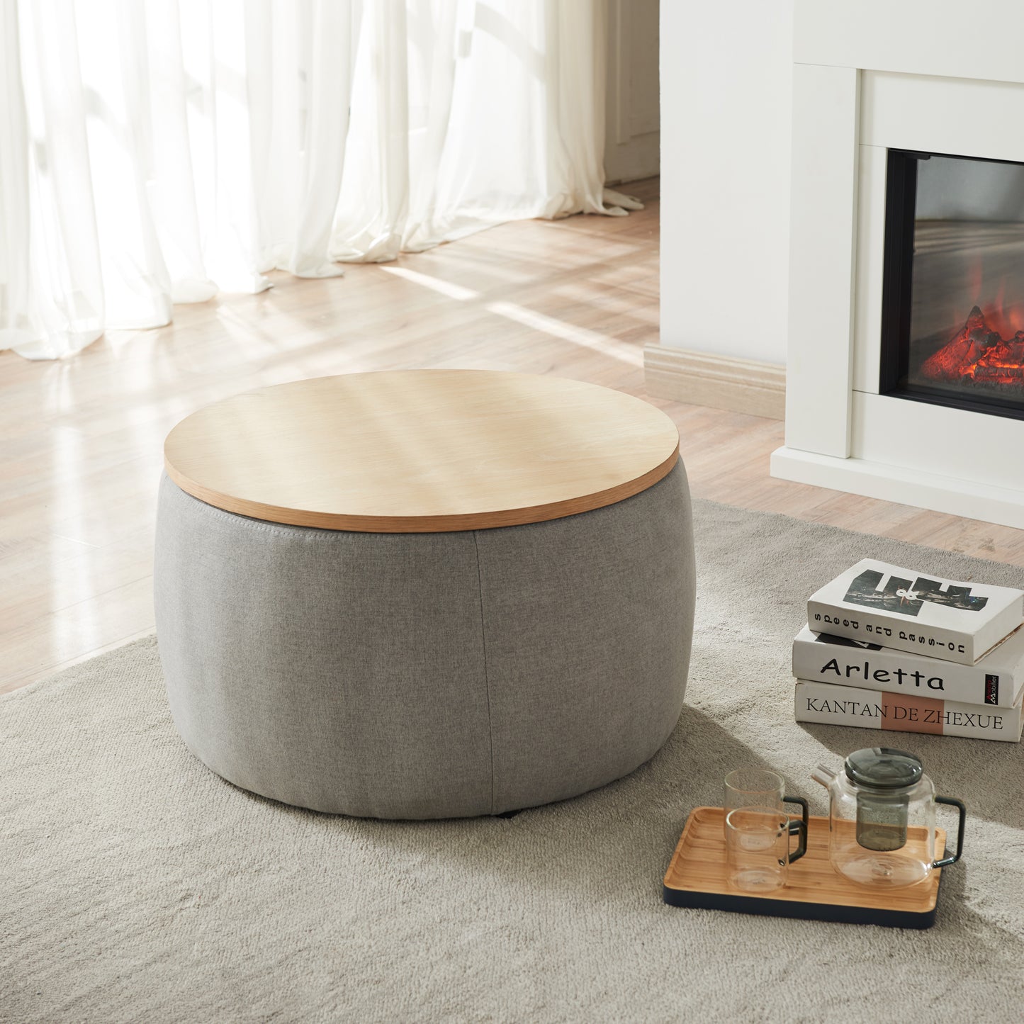 Round Storage Ottoman, 2 in 1 Function, Work as End table and Ottoman, Grey (25.5"x25.5"x14.5")